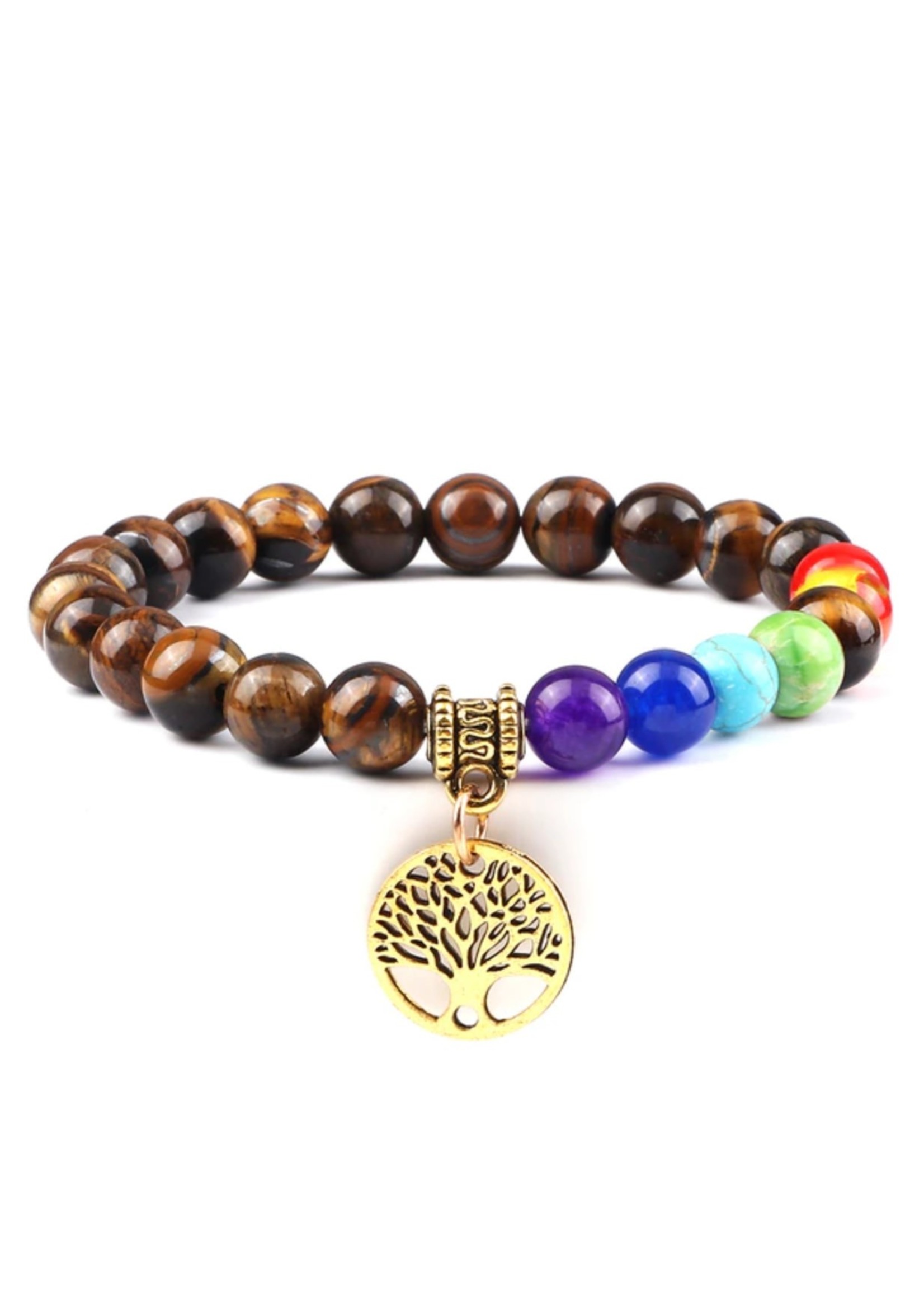 Bracelet d'oeil de tigre avec 7 chakras et arbre, extensible