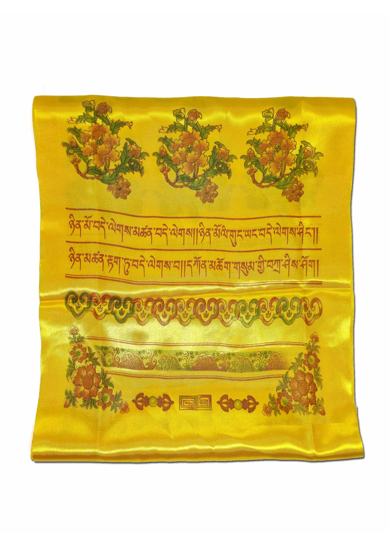 Khata, châle tibétain de salut et de prière avec symboles porte-bonheur, jaune