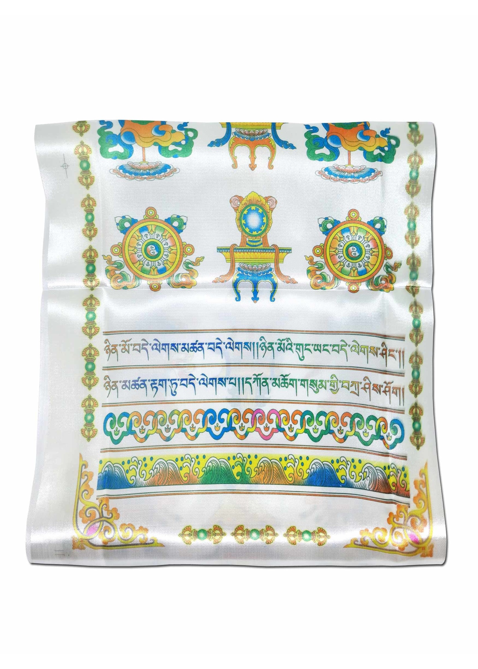 Khata Tibetan Greeting and Prayer Scarf with Lucky Symbols, White, 140 x 29 cm