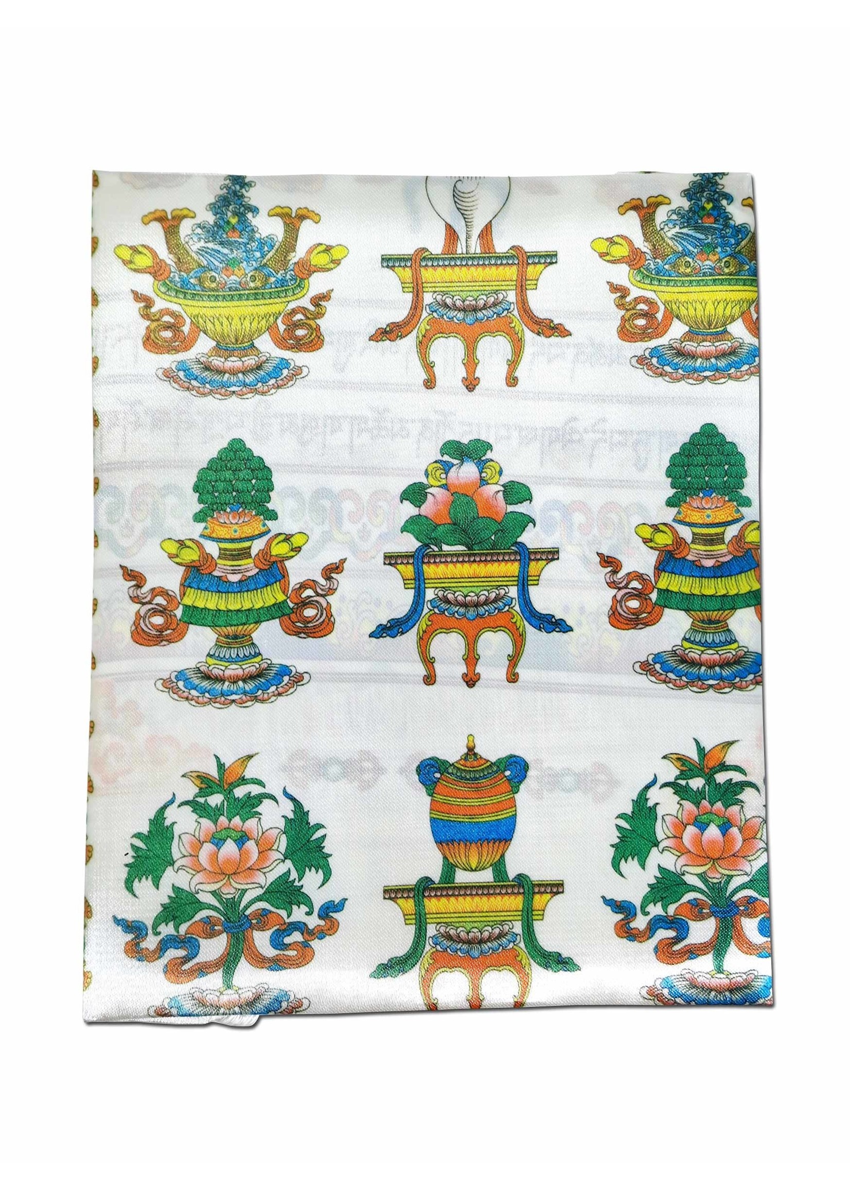 Khata, foulard tibétain de salutations et de prières avec symboles de chance, blanc, 140 x 29 cm
