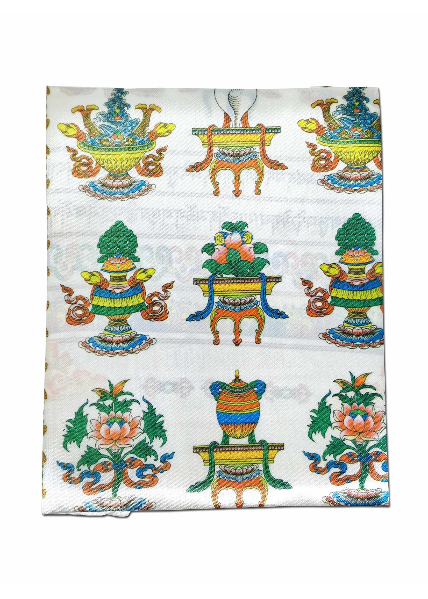 Khata - sciarpa tibetana di saluto e preghiera con simboli portafortuna, bianco