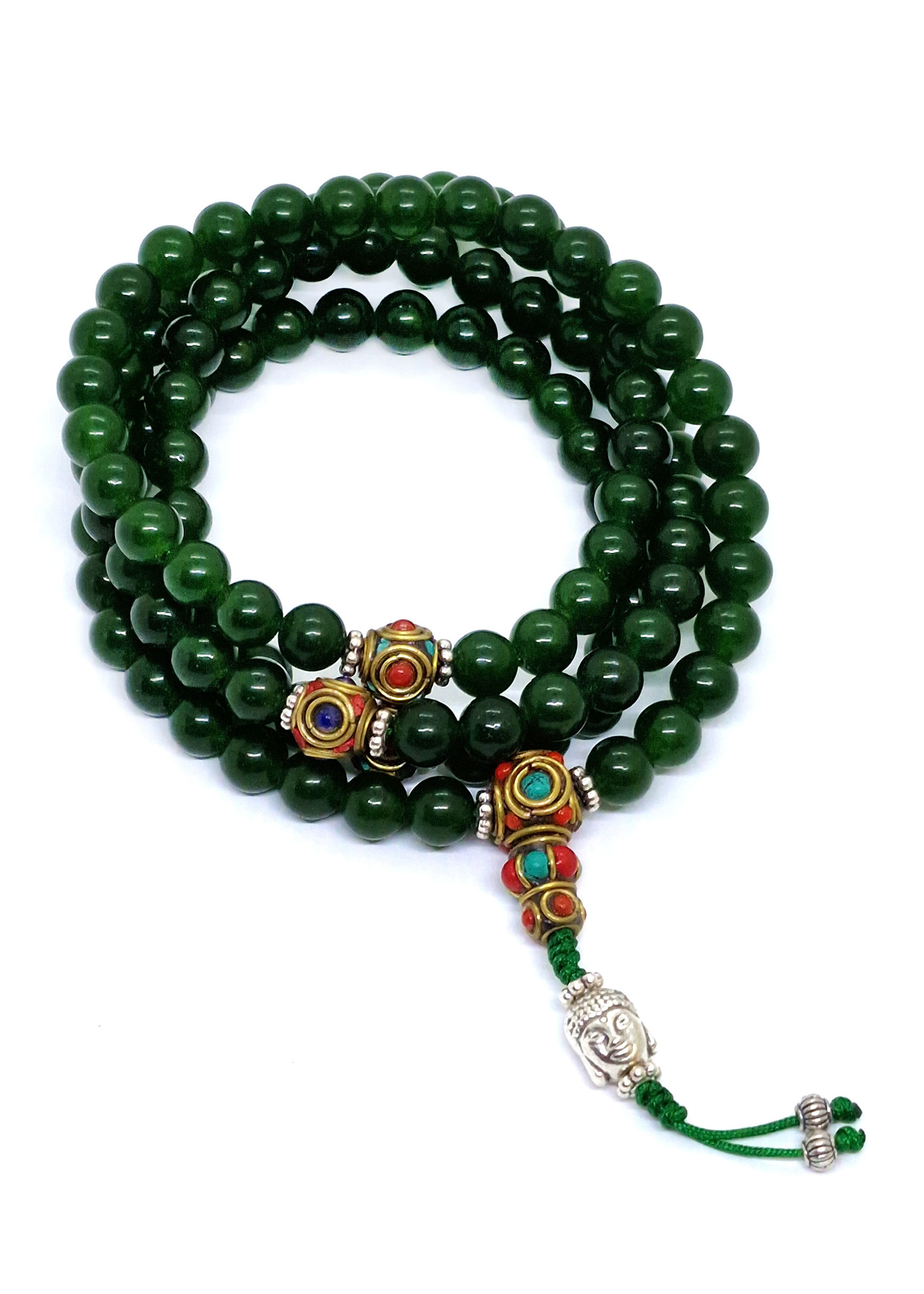 Tibetische Gebetskette Jadestein Mala mit Abstandshaltern und Buddha