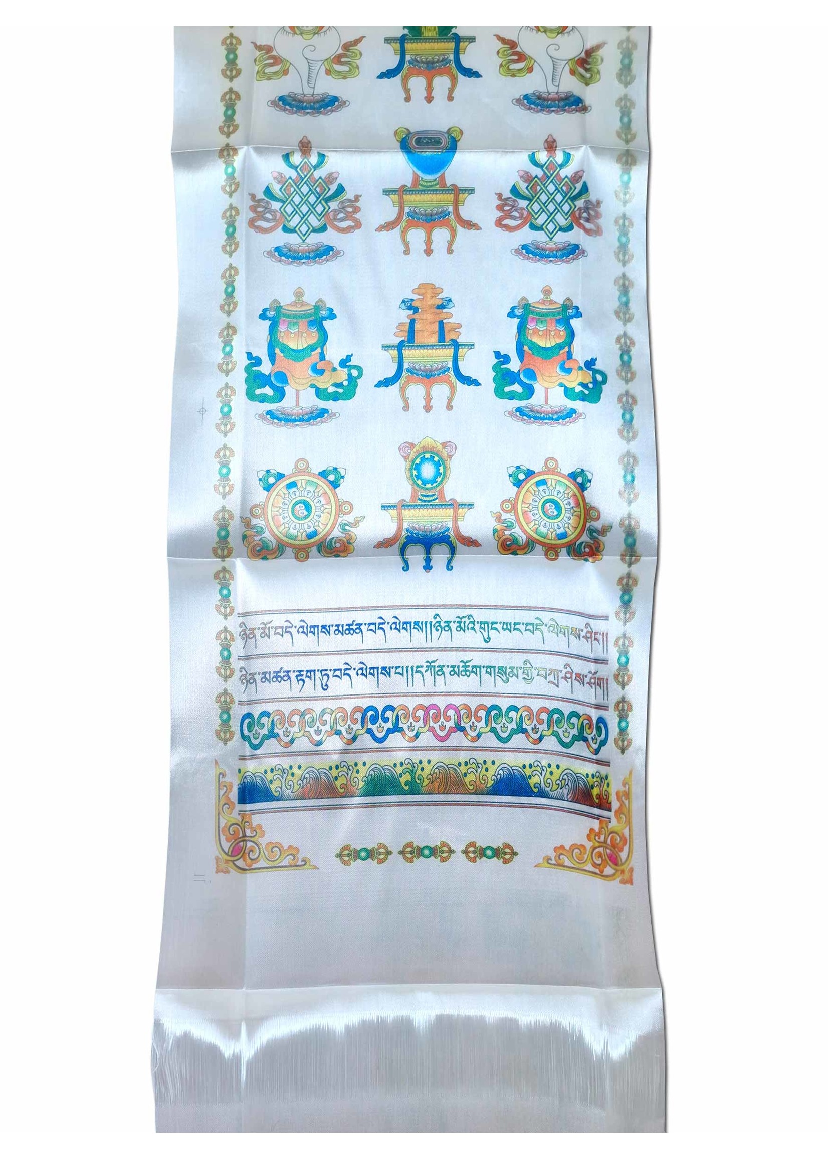 Khata, foulard tibétain de salutations et de prières avec symboles de chance, blanc, 140 x 29 cm