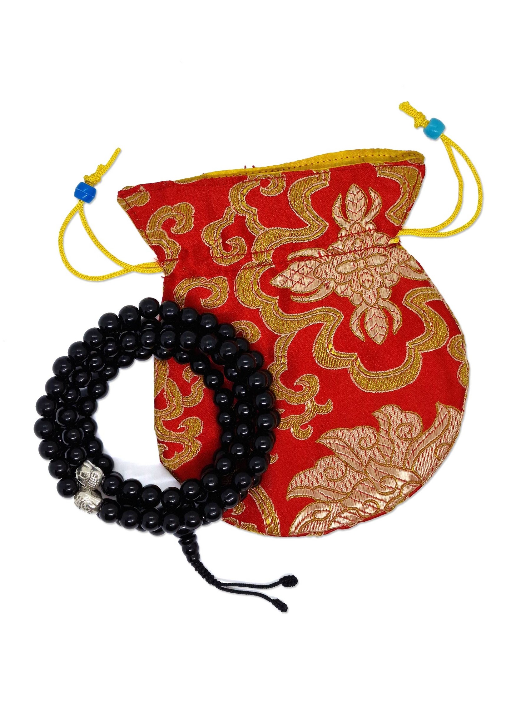 Mala Collier de prière tibétain en onyx noir avec 3 perles marqueurs de Bouddha