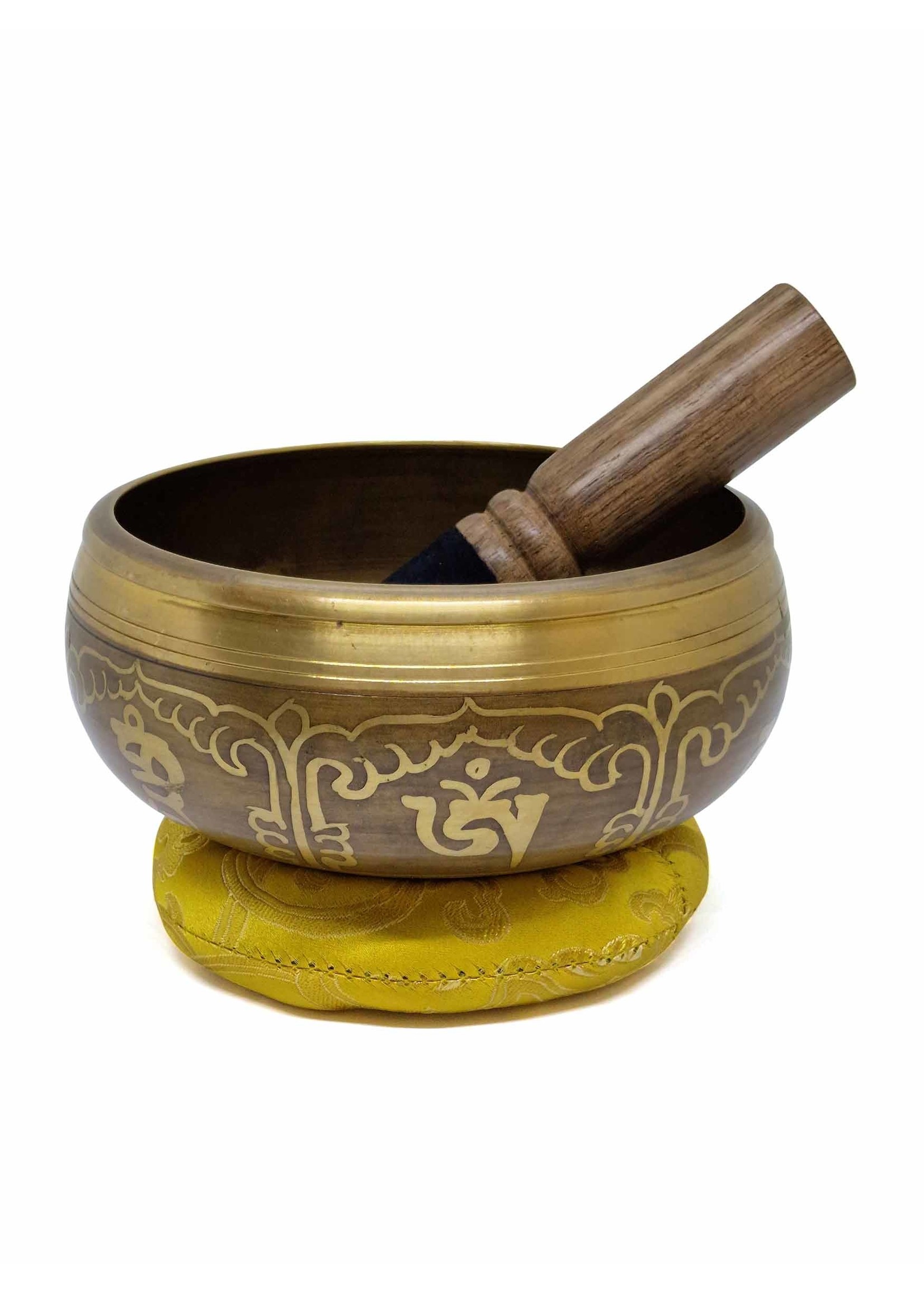 Tibetan Brass Singing Bowl Buddha and Mantra, 4-Piece-Set