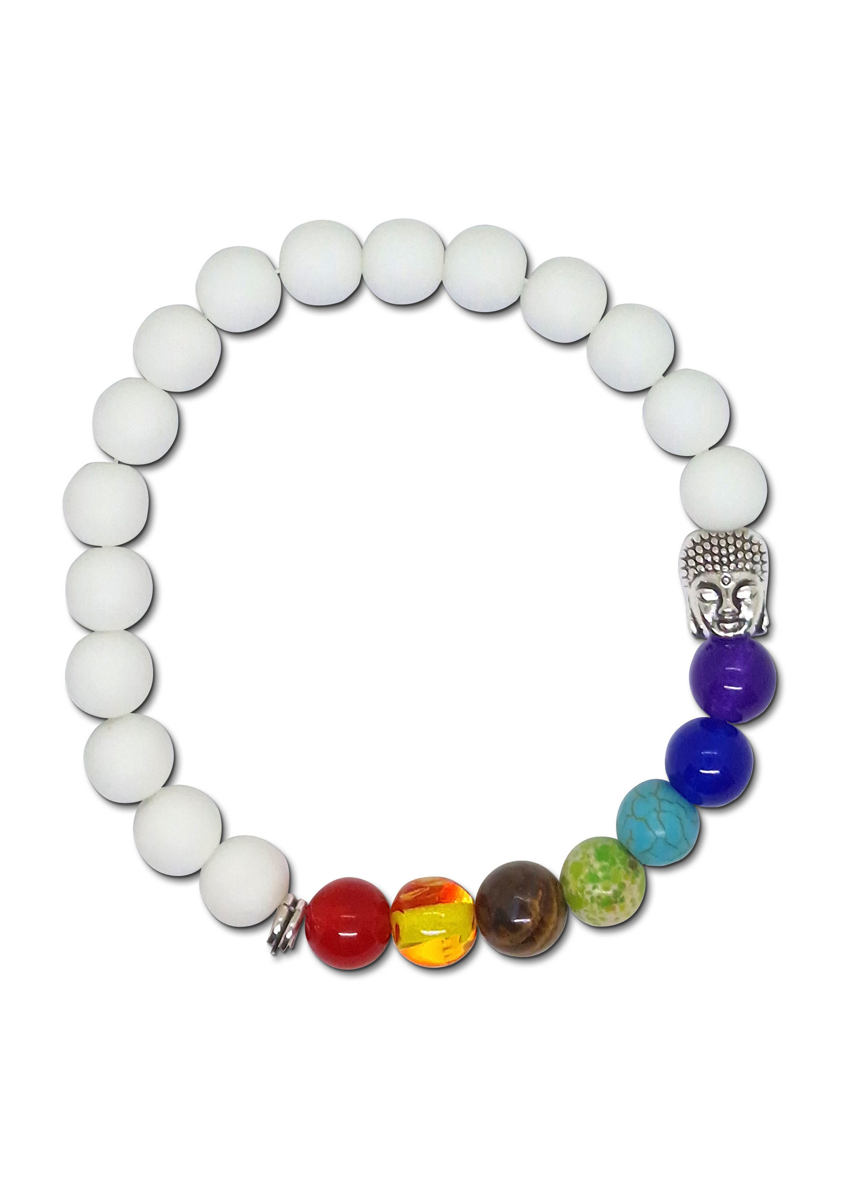 Bracciale bianco opaco e 7 perline chakra con Buddha