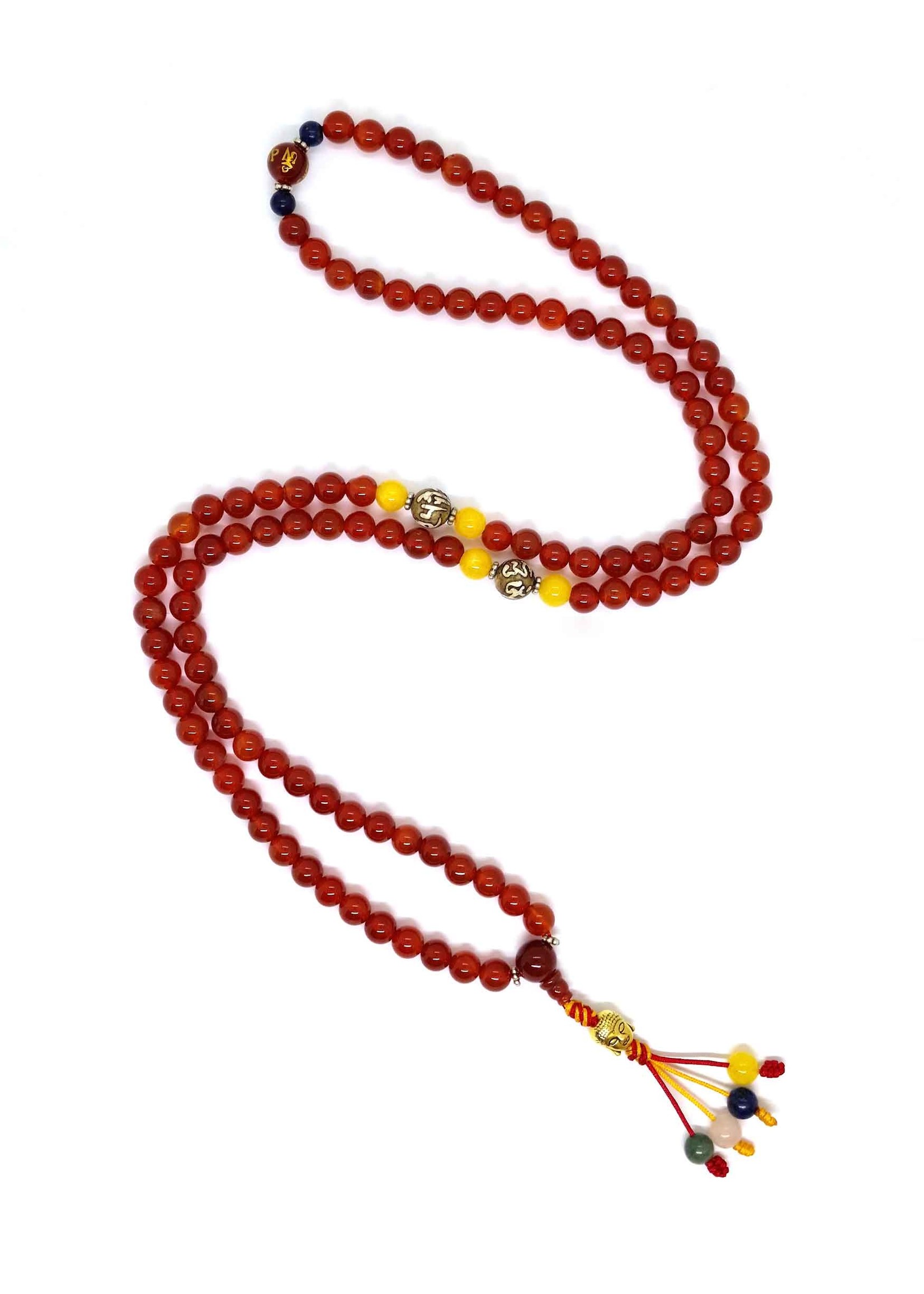 Perline di preghiera tibetane Mala di corniola con Buddha e distanziatori di mantra