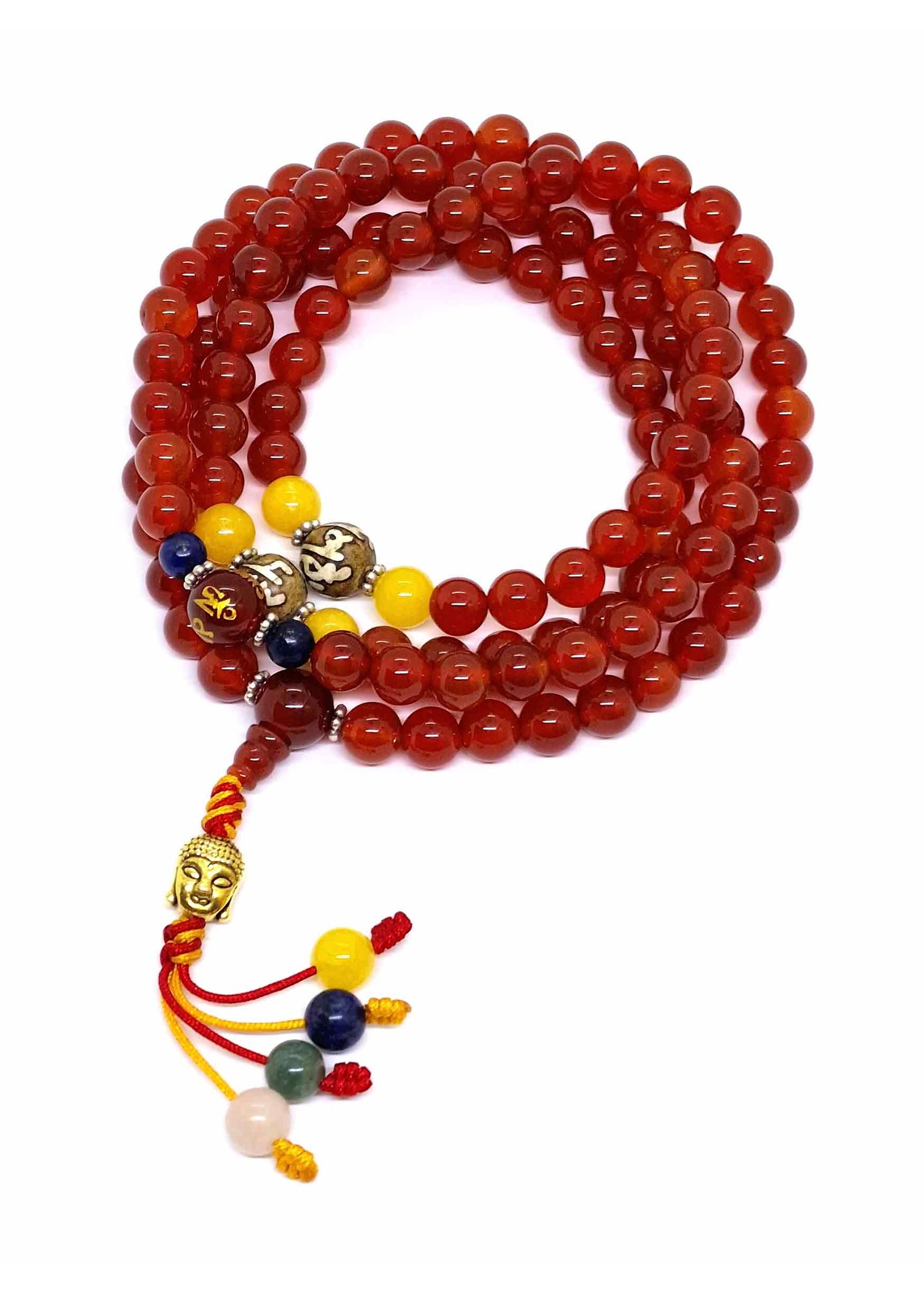 Perles de prière tibétaines Mala en cornaline avec espaceurs Mani Mantra et Bouddha