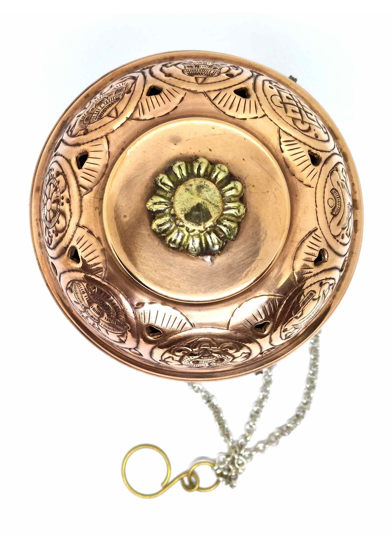 Encensoir tibétain Brûleur d'encens en poudre avec chaîne, sculpté avec mantra / dragon