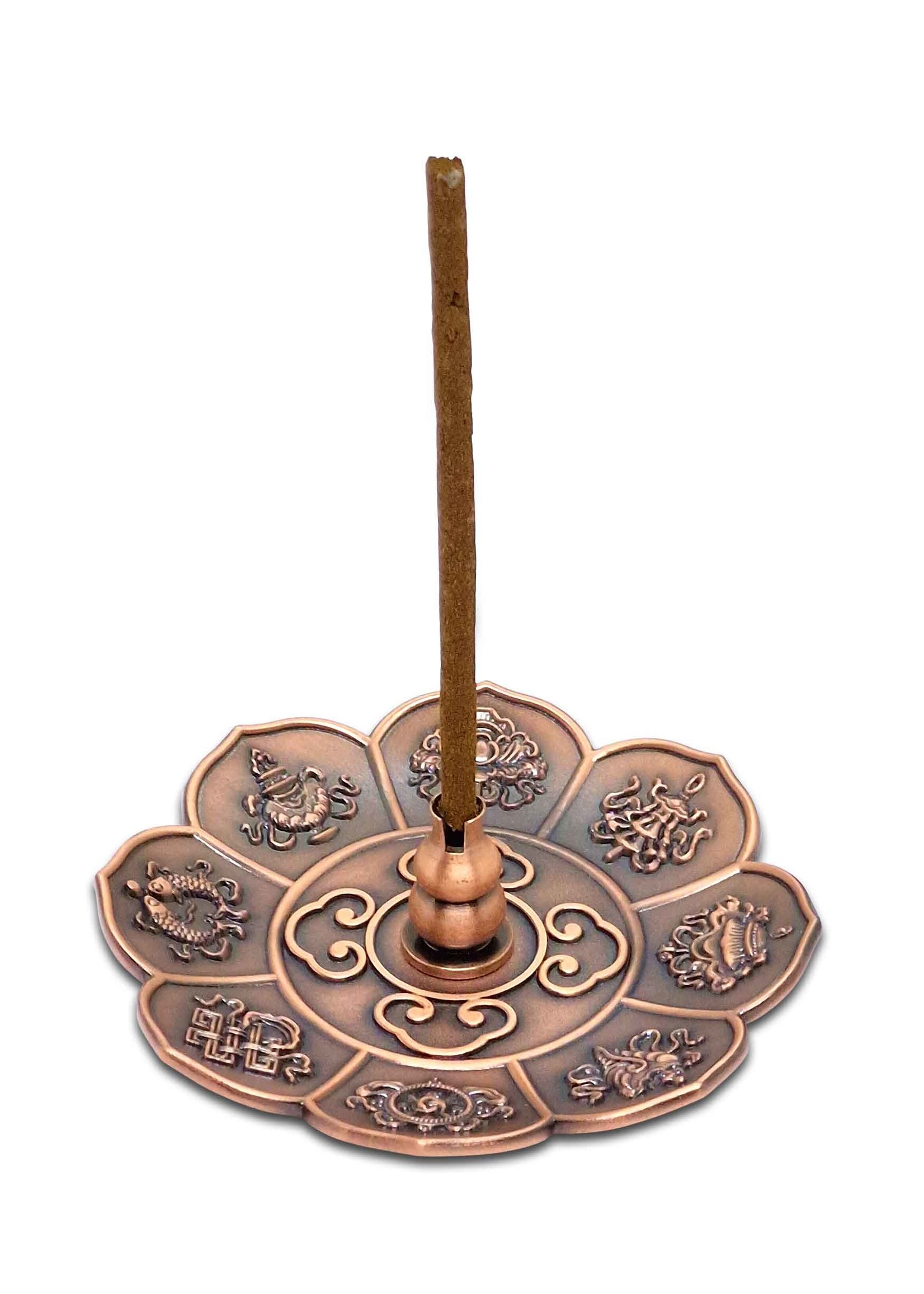 Set porte-encens en métal avec 8 signes auspicieux