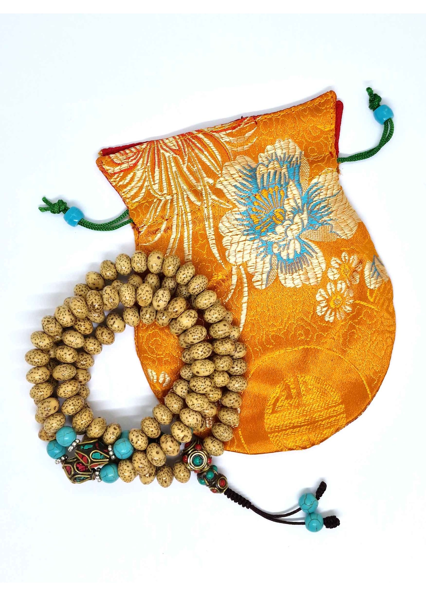 Perles de prière tibétaines, mala en graines de lotus avec intercalaires en turquoise