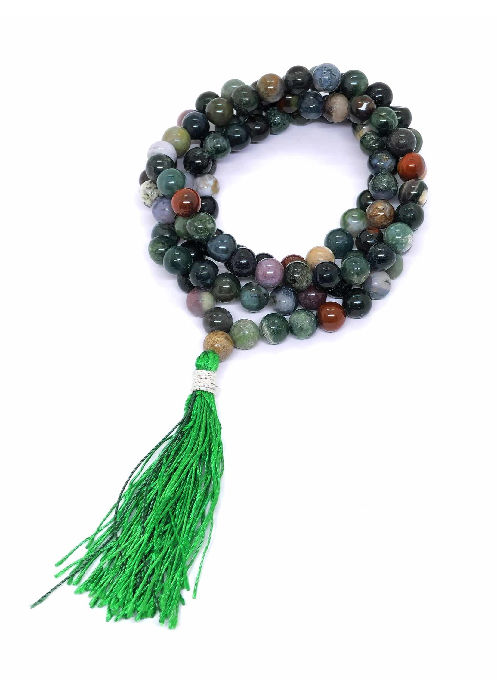 Perles de prière tibétaines Japa Mala pierres agates mélangées, gland vert