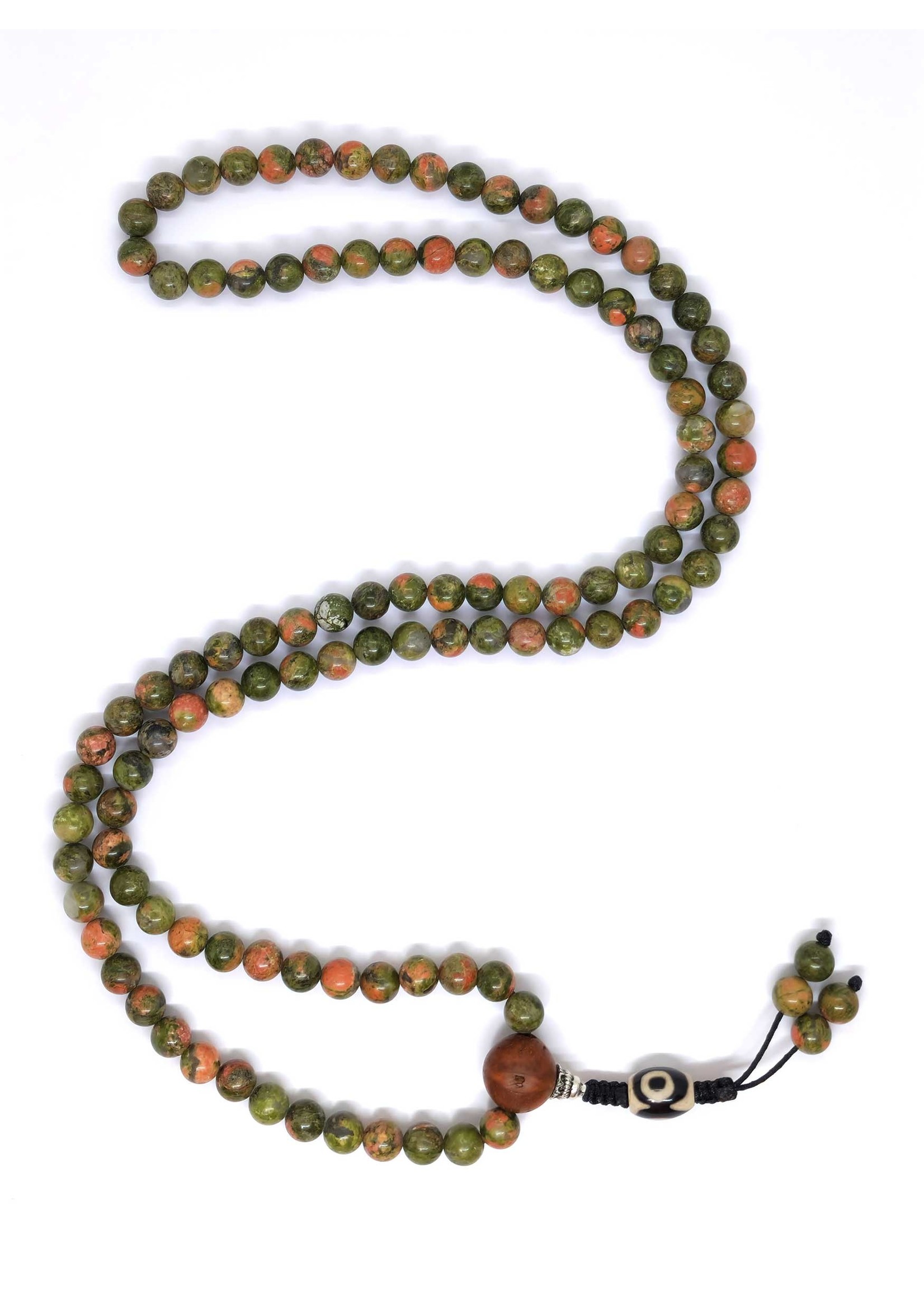 Mala tibétain en pierre d'unakite avec perle Guru en graine de bodhi et pompon en dzi