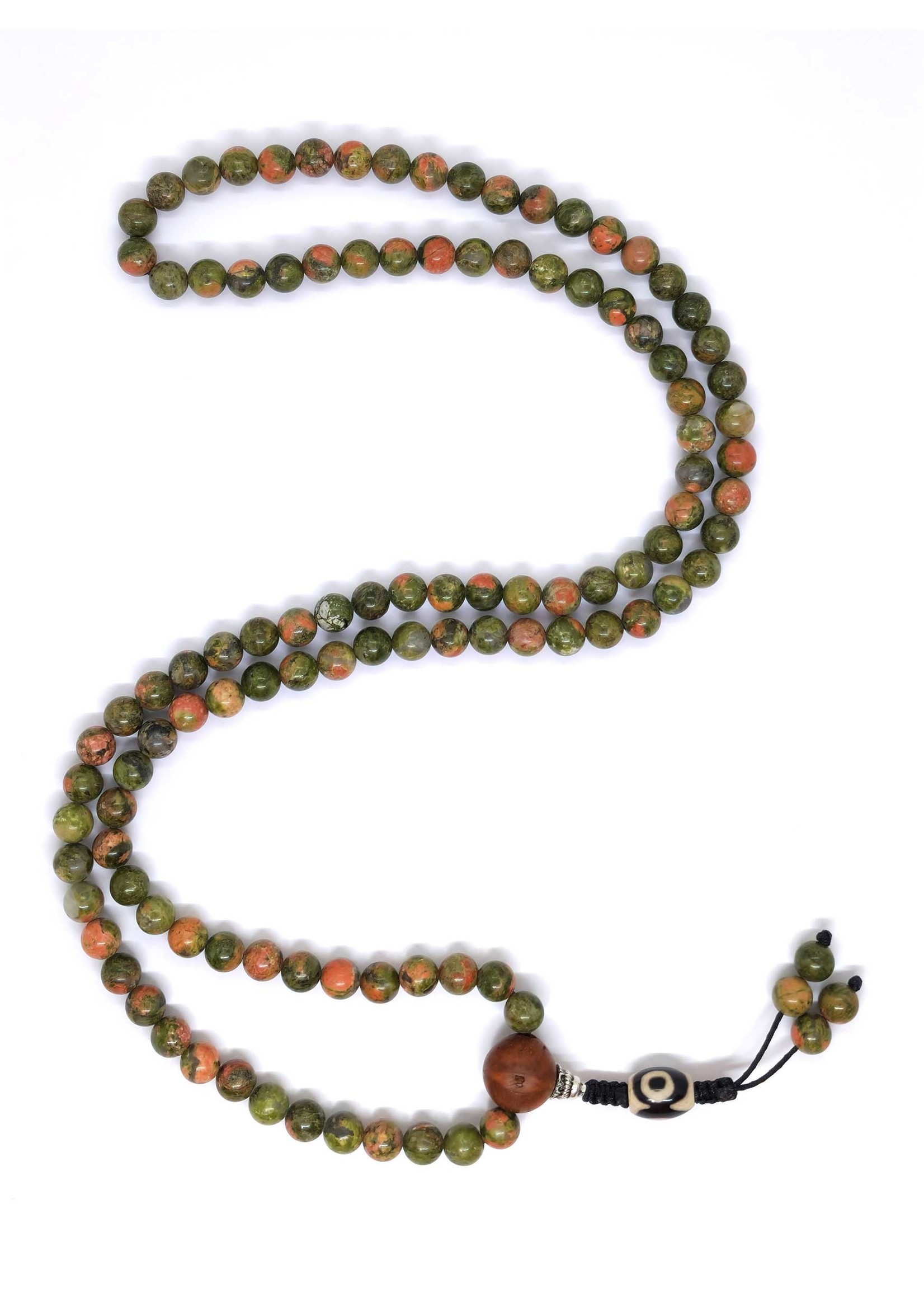 Perline di preghiera tibetane - Mala in pietra unakite con perlina Guru di semi Bodhi e nappina Dzi