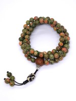 Mala tibétain en pierre d'unakite avec perle Guru en graine de bodhi et pompon en dzi