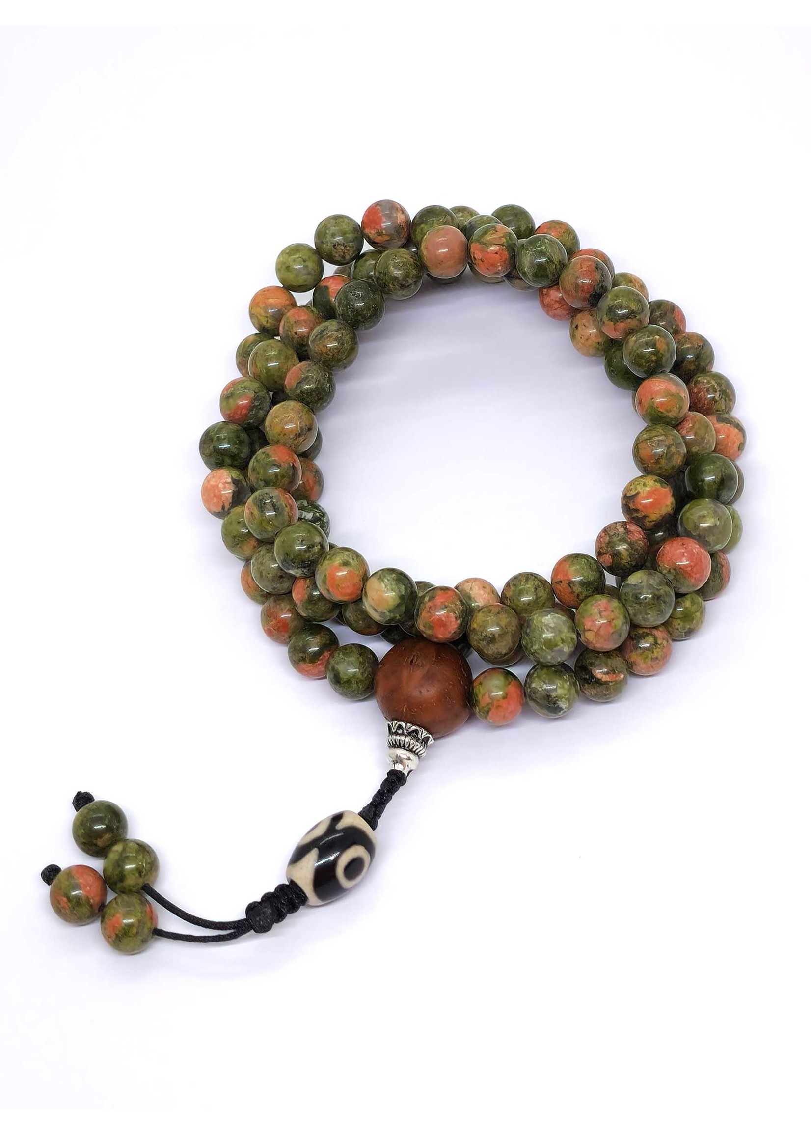 Mala tibétain en pierre d'unakite avec perle Guru en graine de bodhi et pompon en dzi