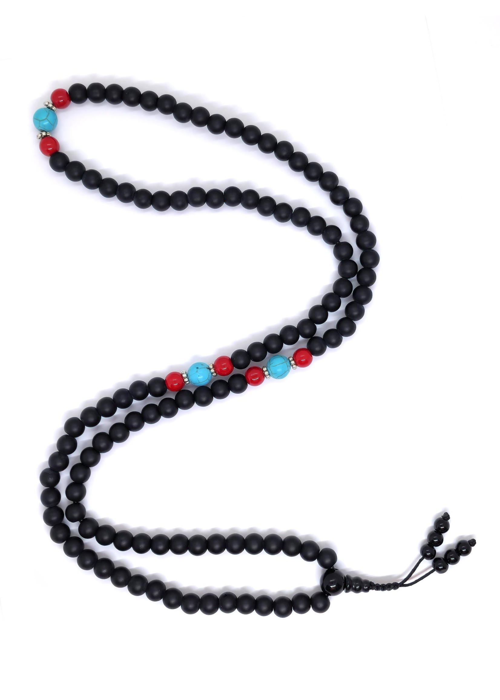 Mala de perles de prière tibétaines en onyx mat avec entretoises en corail et turquoise