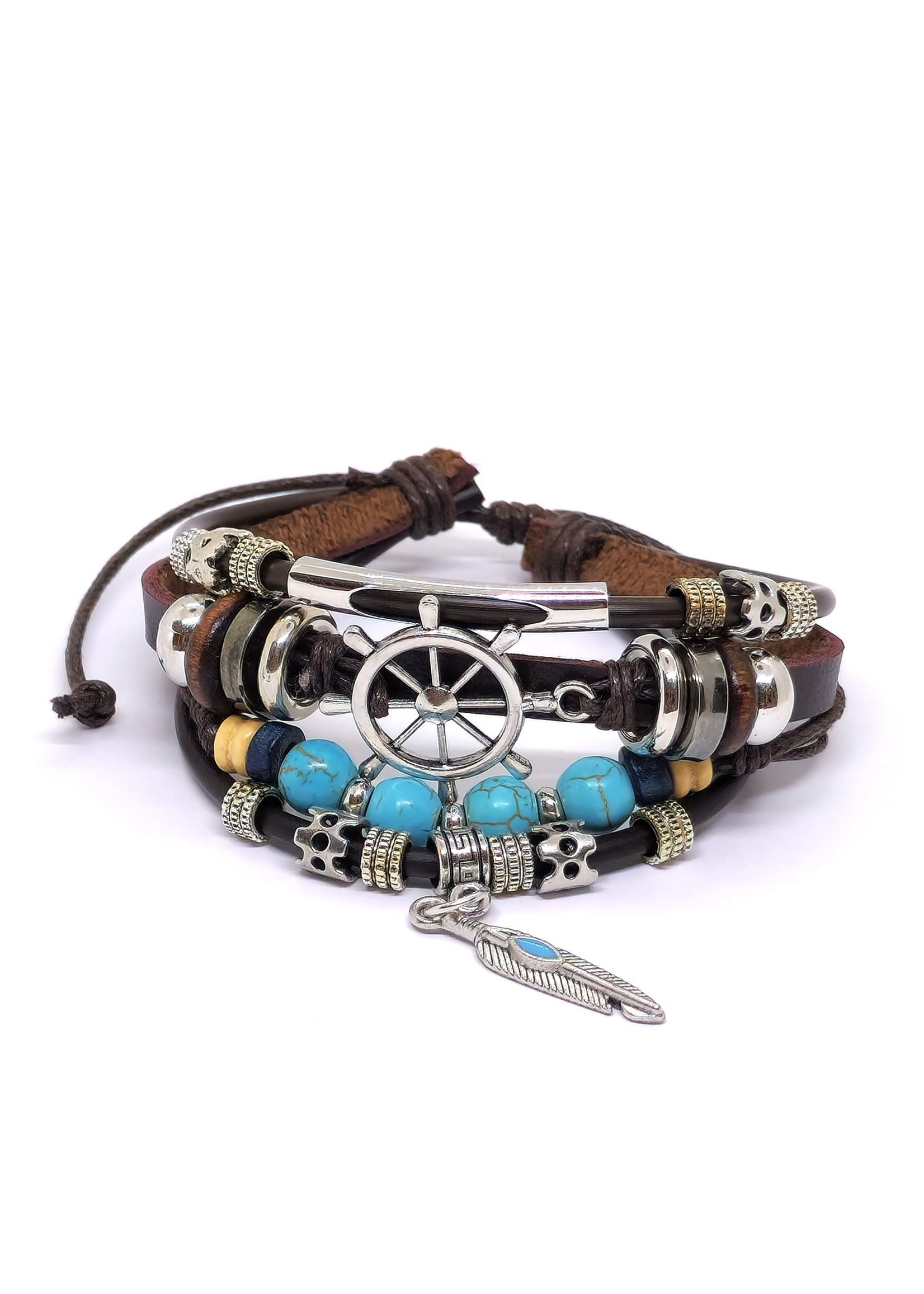 Bracelet en cuir de la roue du Dharma marron foncé