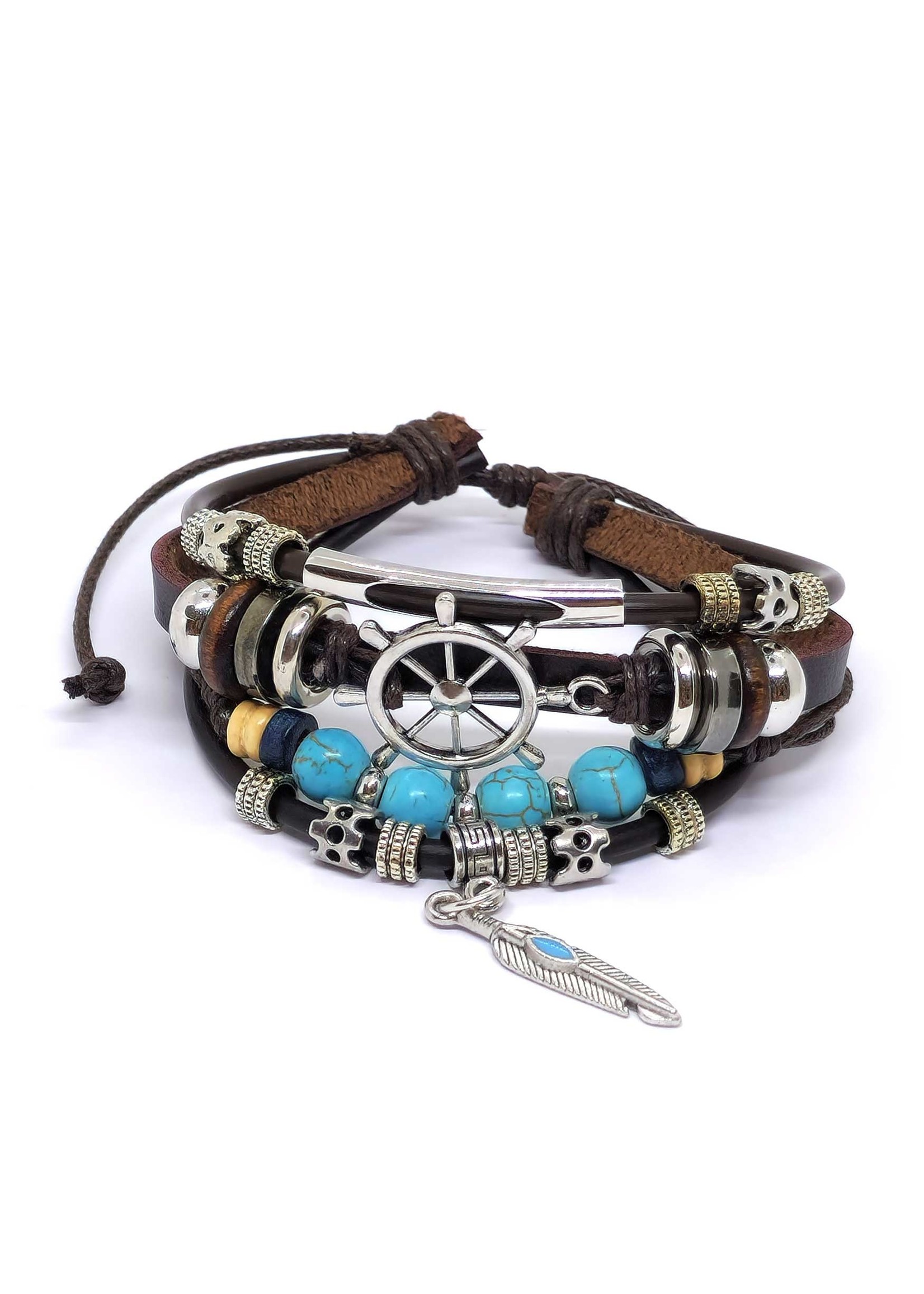 Bracelet en cuir de la roue du Dharma marron foncé