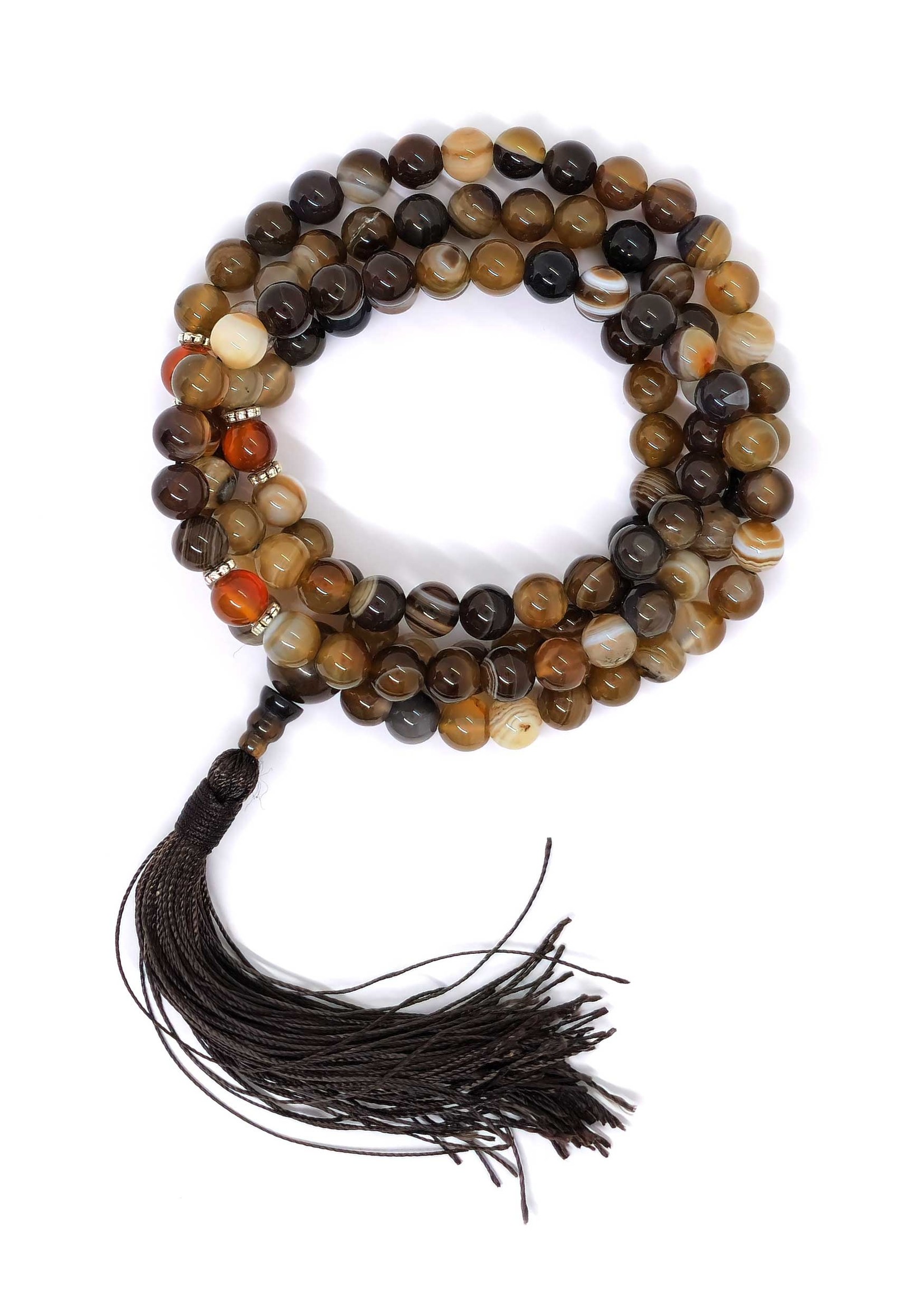 Perline di preghiera tibetane con nappina marrone - gemme miste Japa Mala
