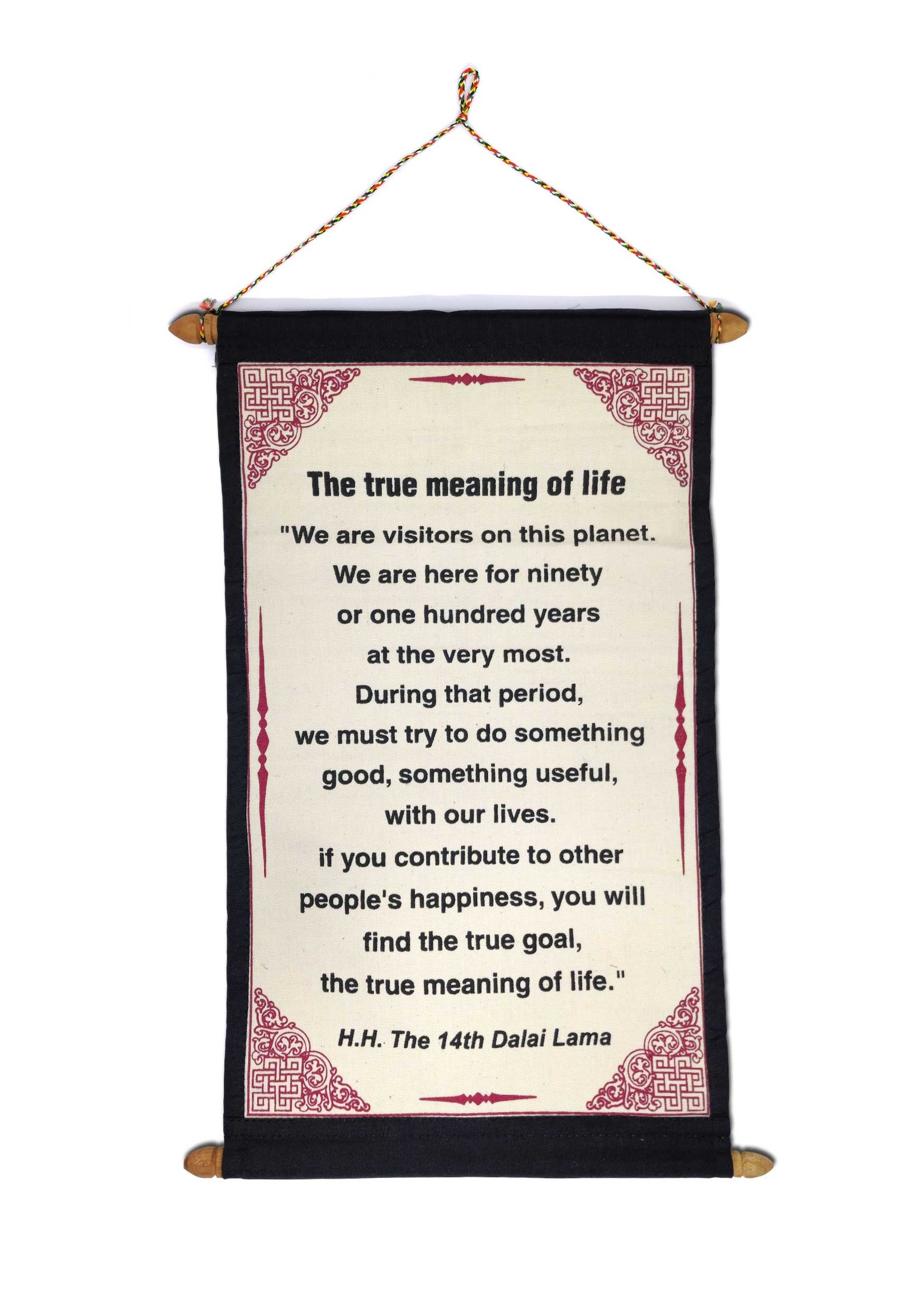 Mini appendiabiti tibetano, citazione del Dalai Lama "The true meaning of life"