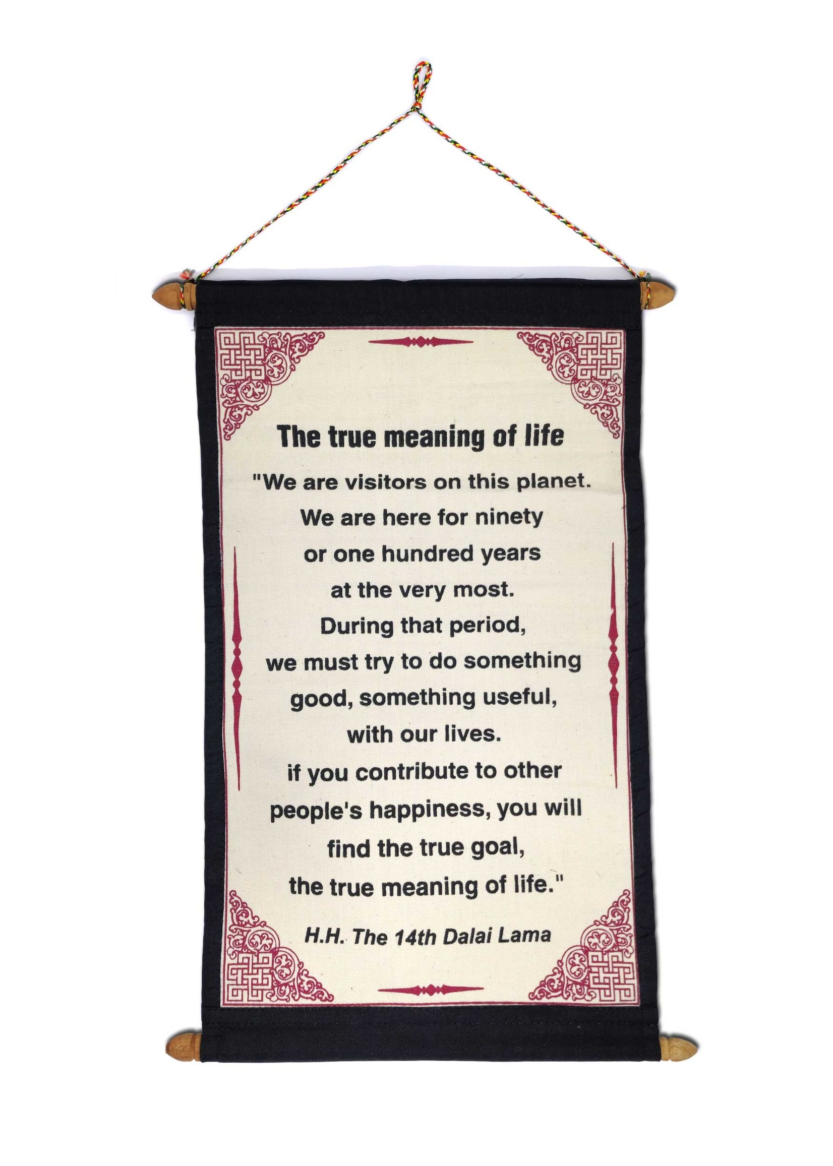 Tibetischer mini Wandbehang, Dalai Lama Zitat "The true meaning of life"