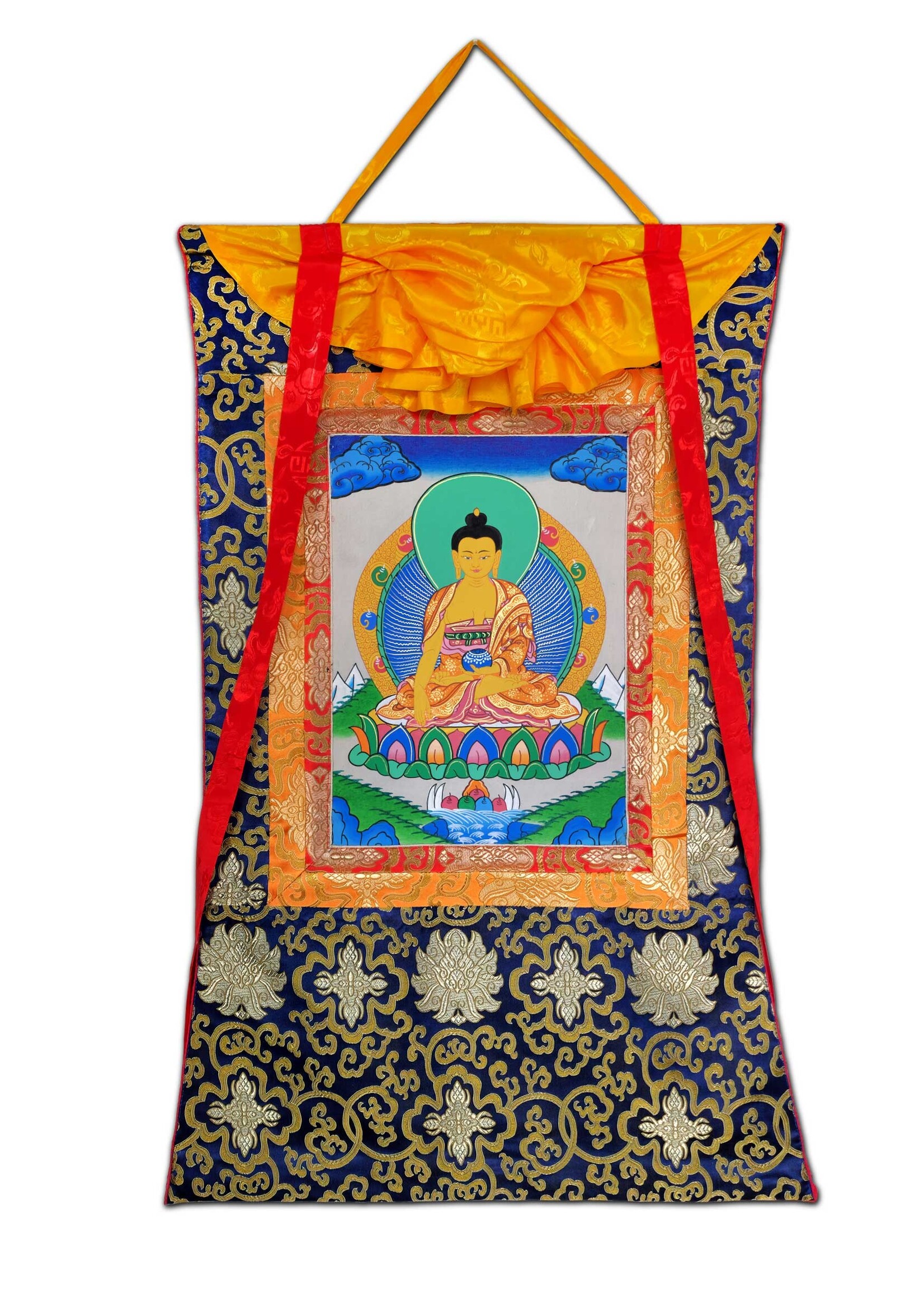 Thangka tibétain Bouddha Shakyamuni 80 x 55 cm, bleu