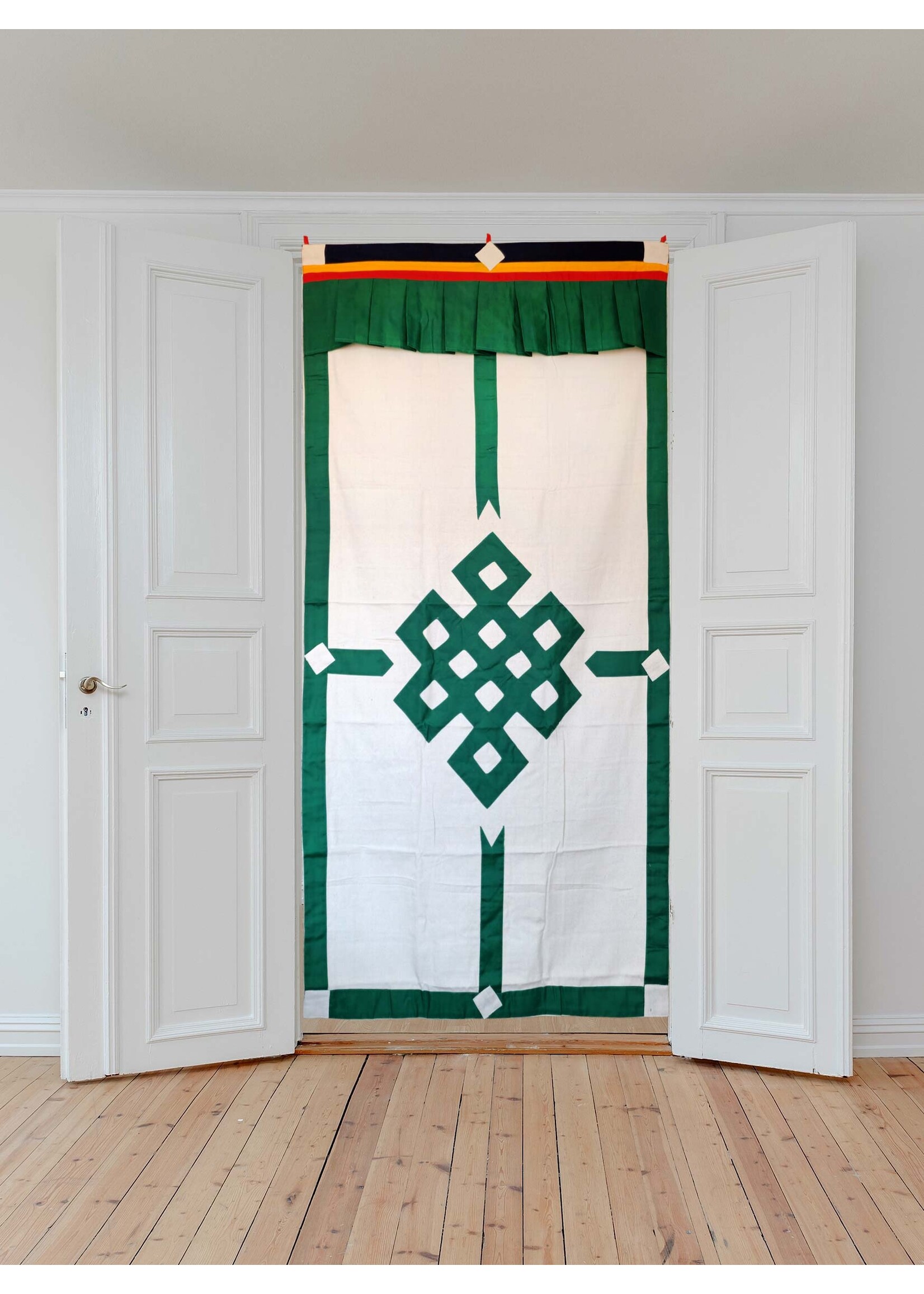 Rideau de porte tibétain, nœuds sans fin, blanc/vert