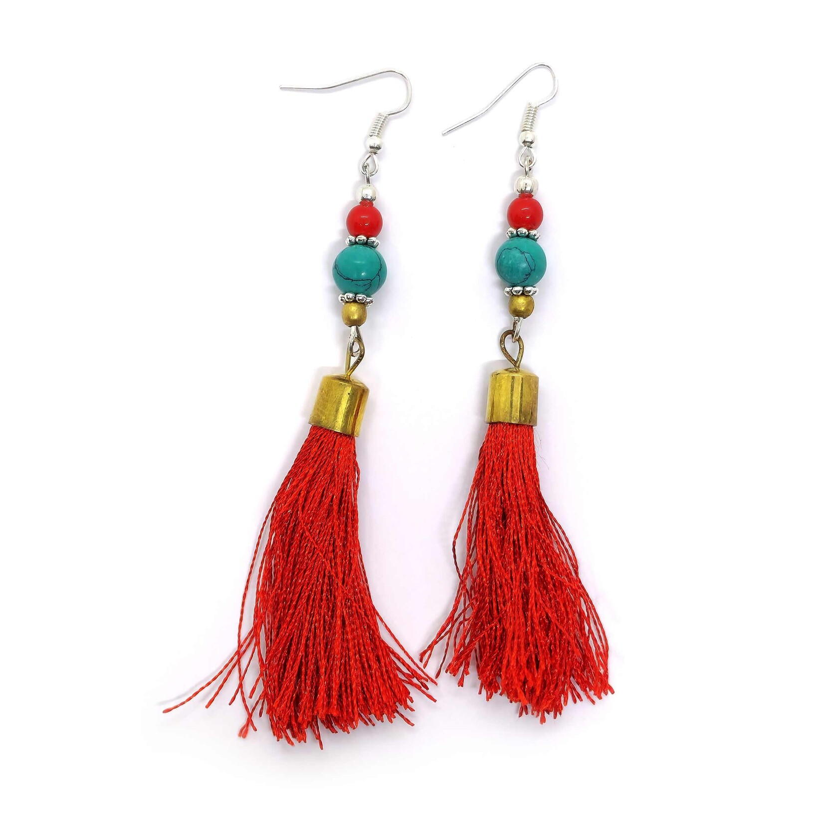 Handmade Tibetan Earrings Turquoise, Coral, and Silk Tassel