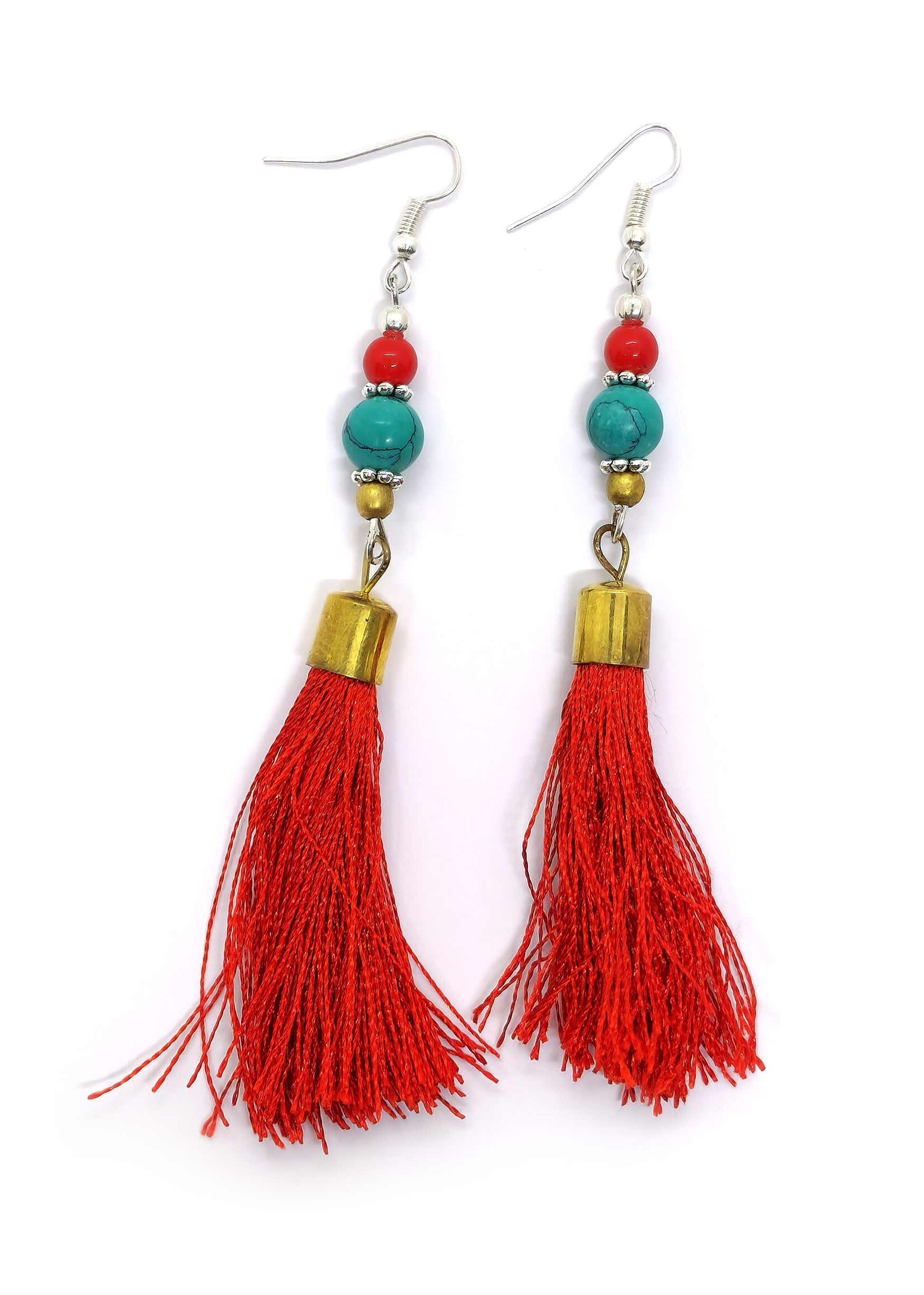 Boucles d'oreilles tibétaines faites à la main, turquoise, corail et pompon en soie