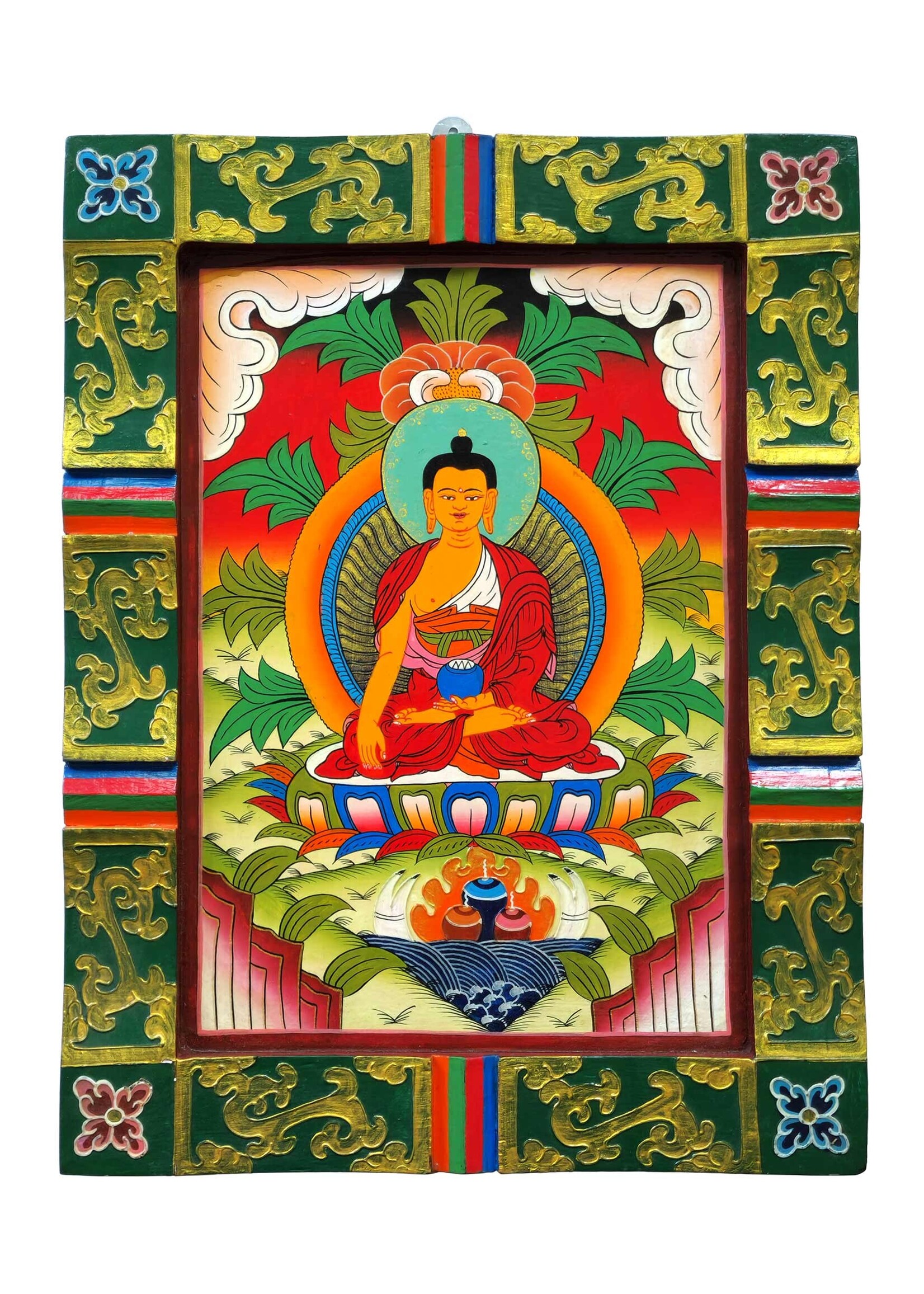 Appeso a parete in legno tibetano con Buddha dipinto a mano