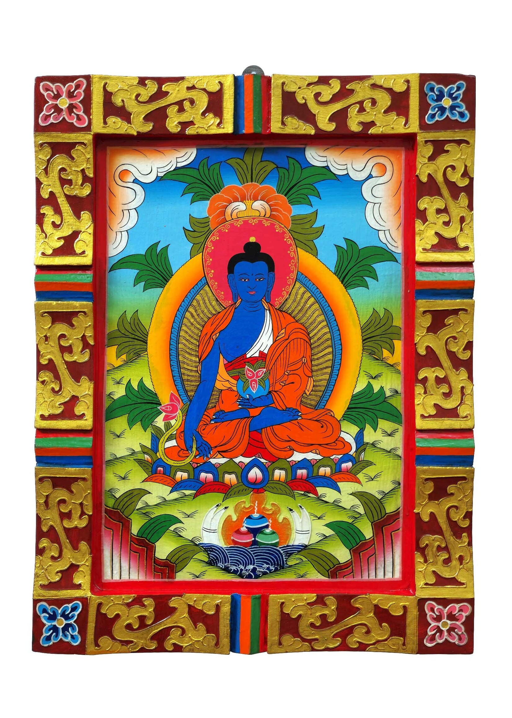 Appeso a parete in legno tibetano del Buddha della medicina dipinto a mano