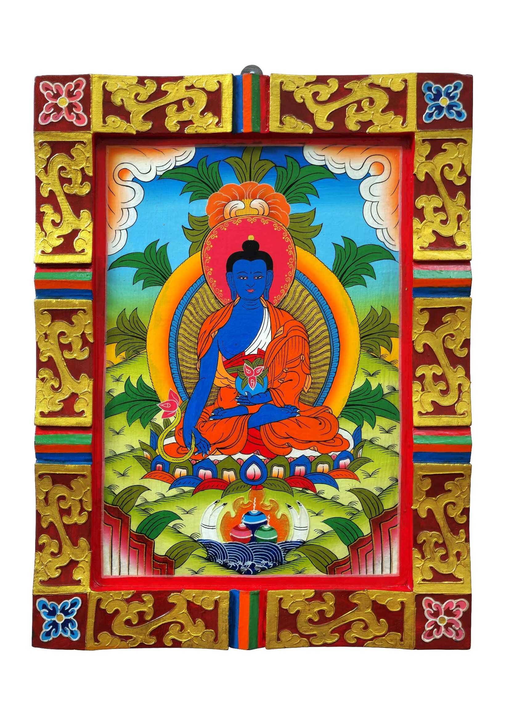 Hand-Painted Medicine Buddha Tibetan Wooden Wall Hanging