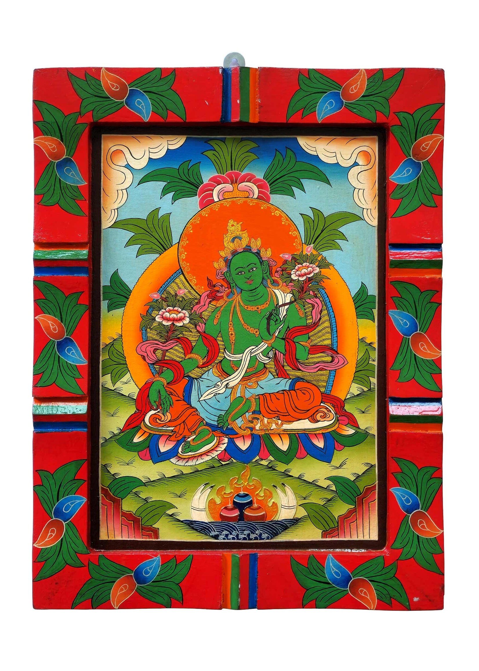 Tenture murale en bois tibétain Tara verte peinte à la main