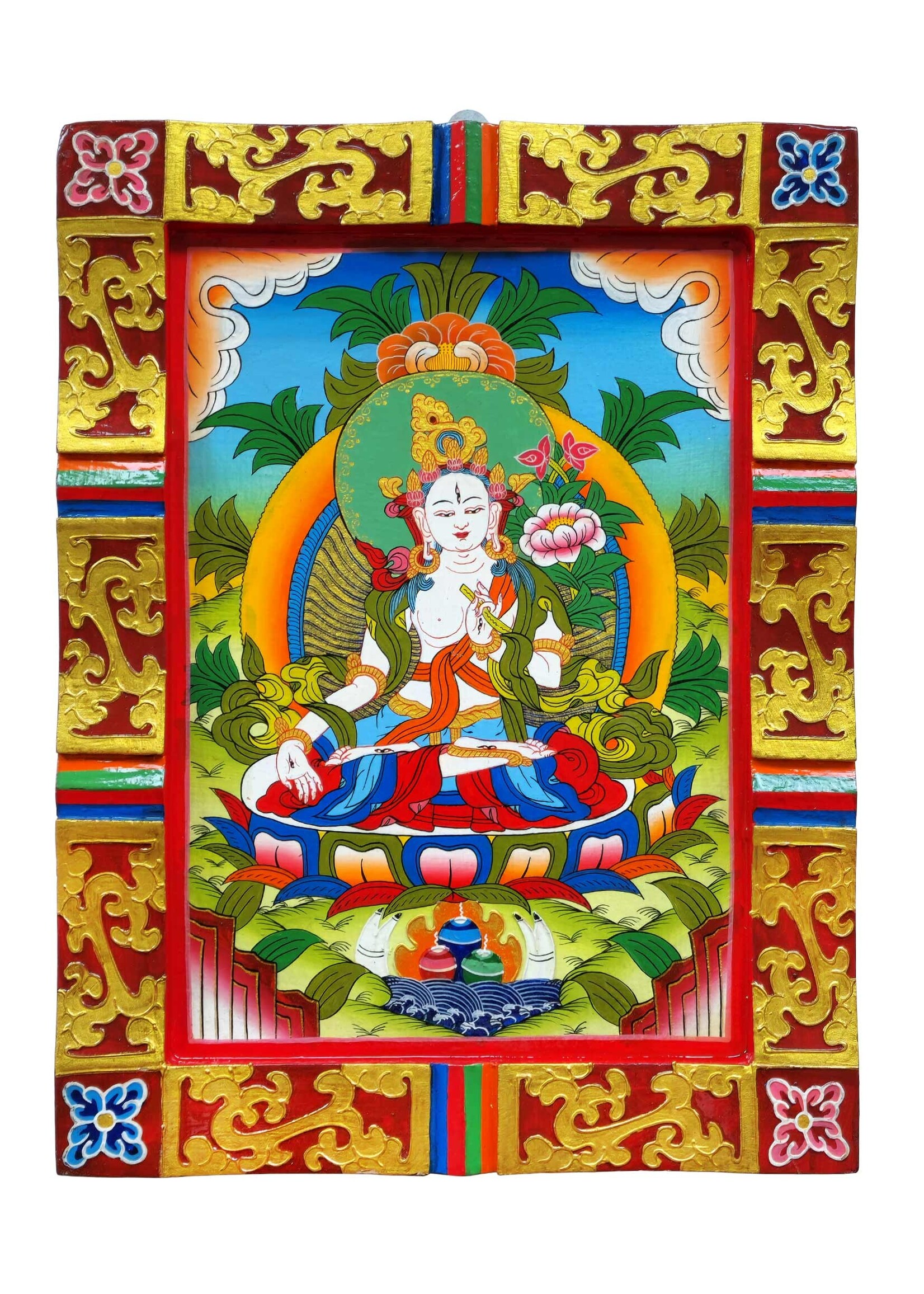 Suspension murale en bois tibétain Tara blanche peinte à la main