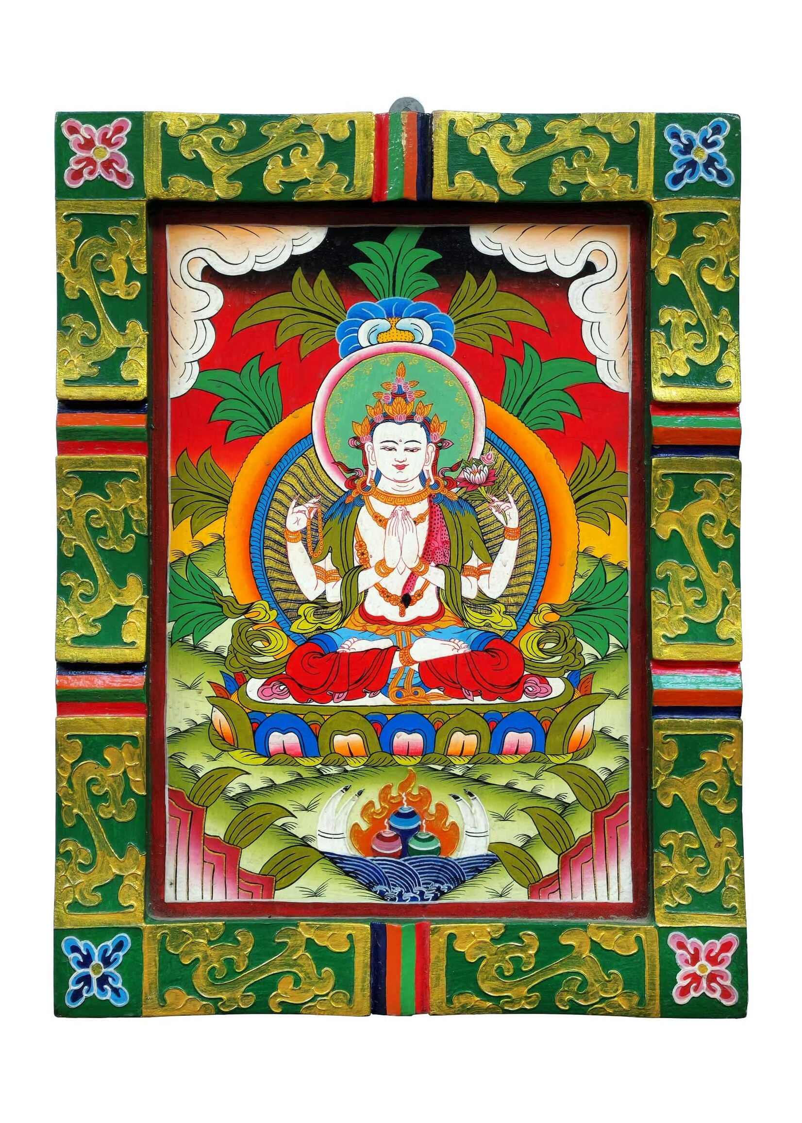 Tibetischer handbemalter Chenrezig (Avalokiteshvara) Wandbehang aus Holz