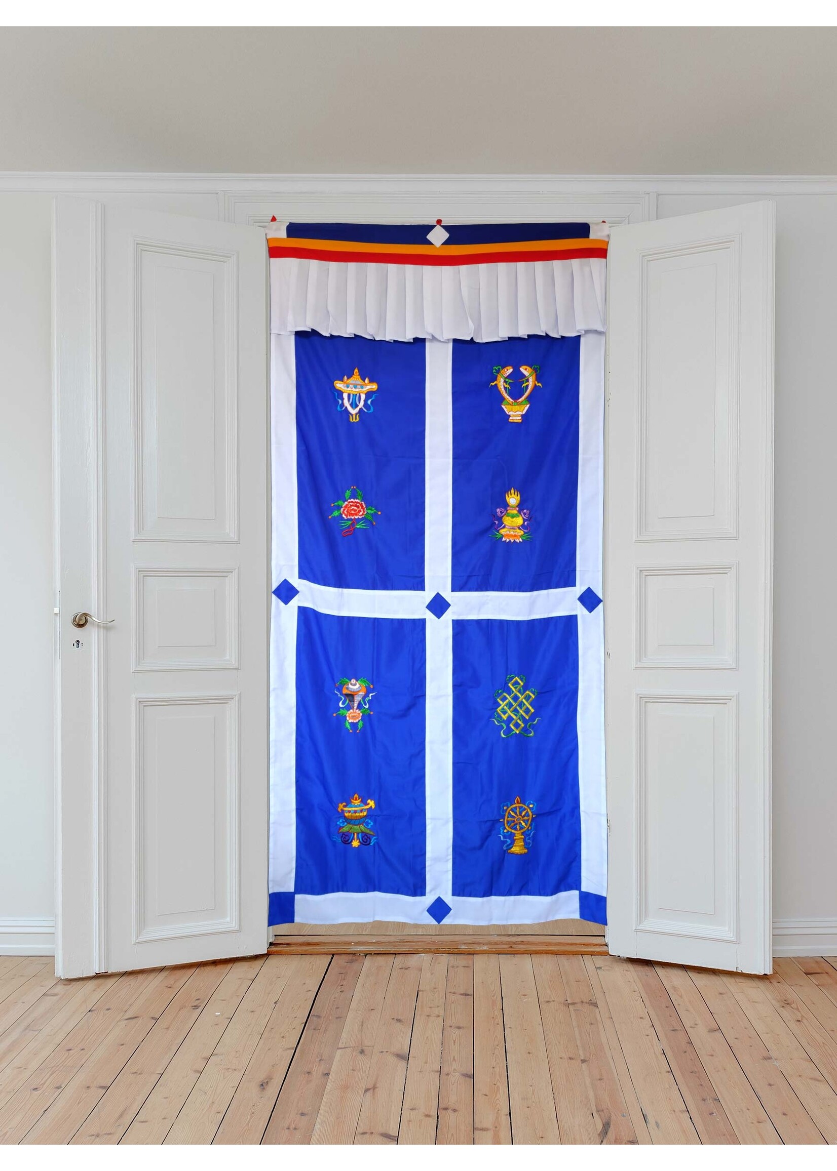Rideau de porte tibétain 8 signes auspicieux, bleu
