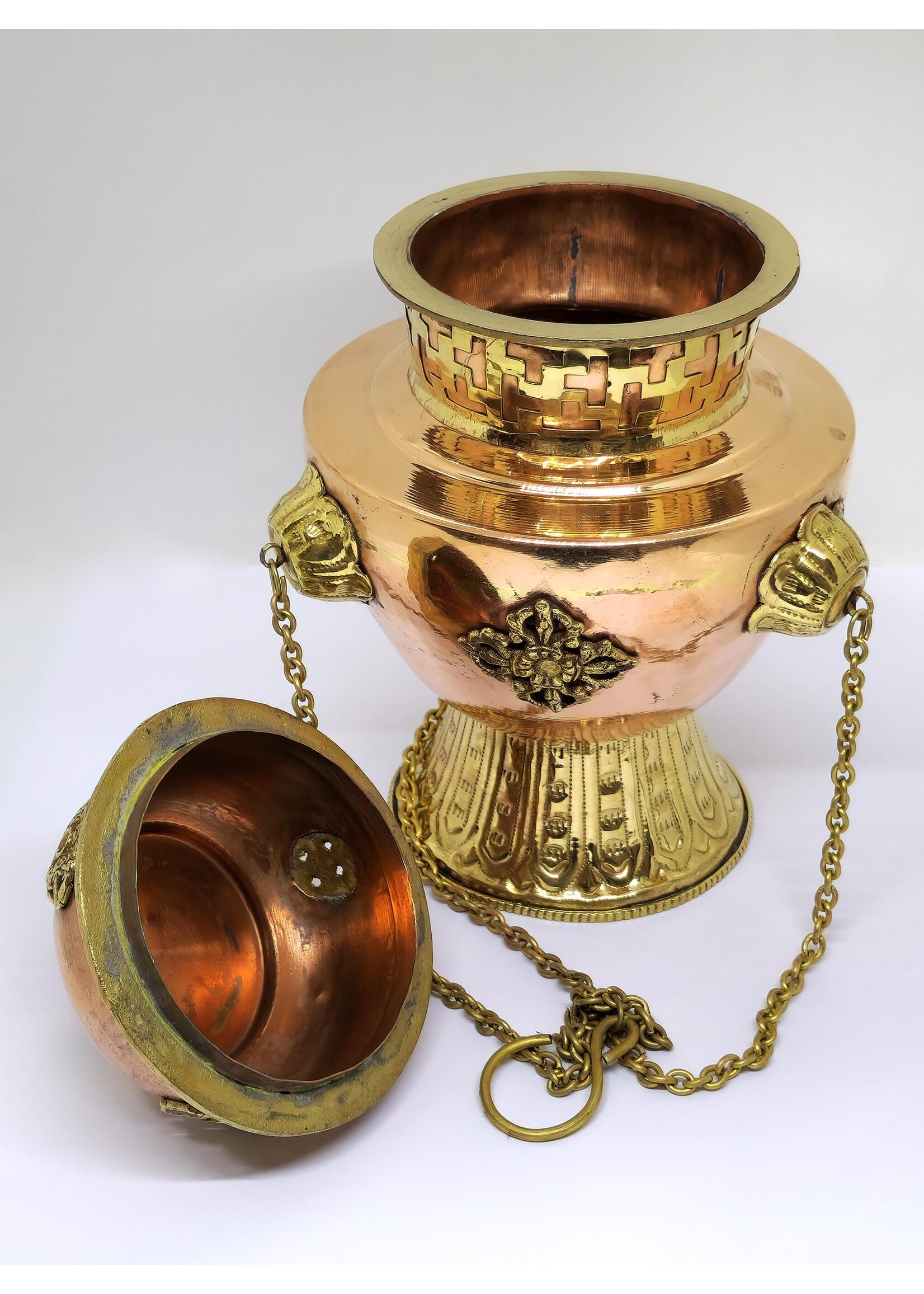 Tibetan Incense Powder Burner With Chain, adorned with Double-Dorje