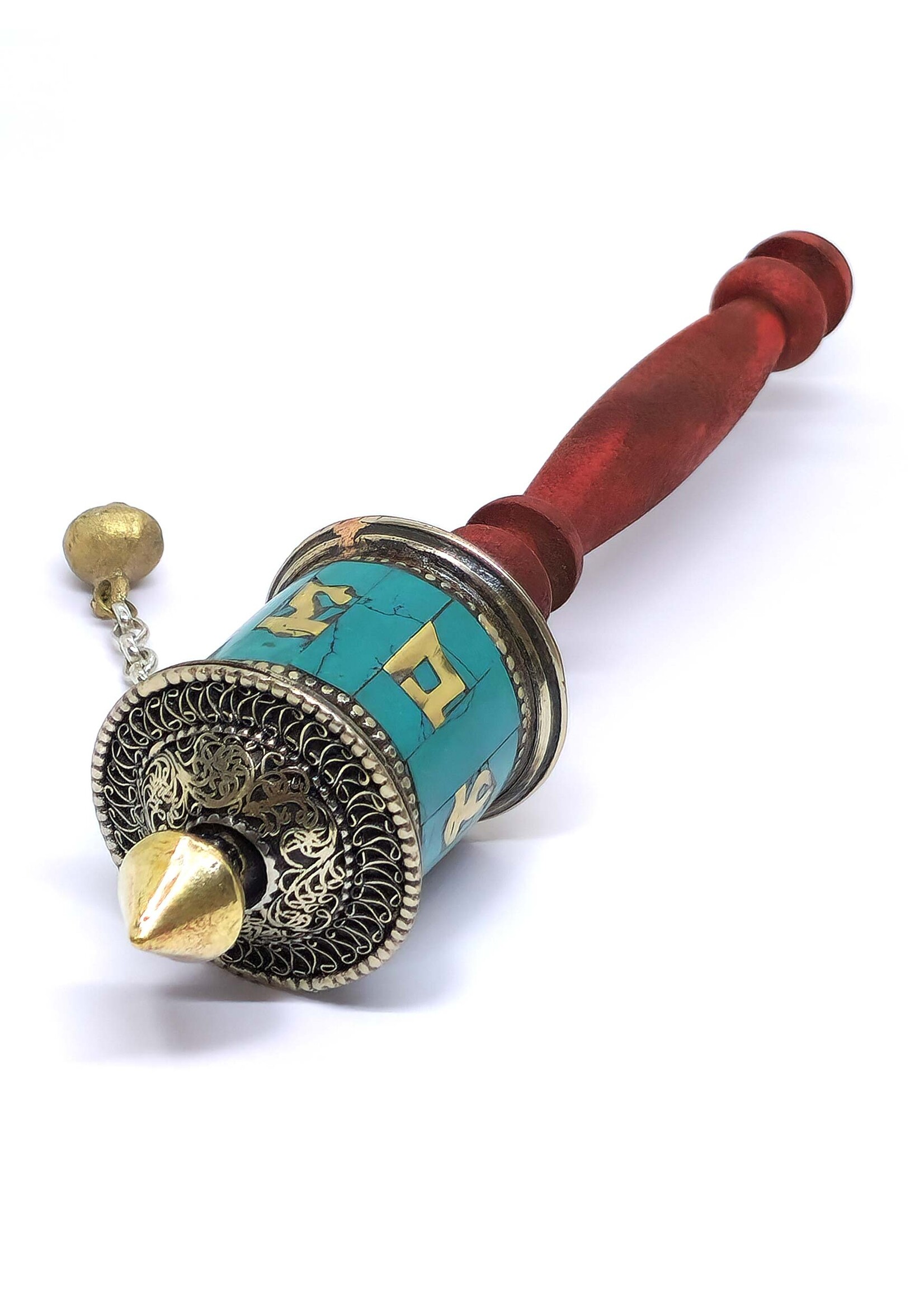 Tibetan Hand Prayer Wheel With Turquoise Chips Inlay