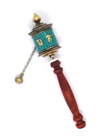 Tibetan Hand Prayer Wheel With Turquoise Chips Inlay