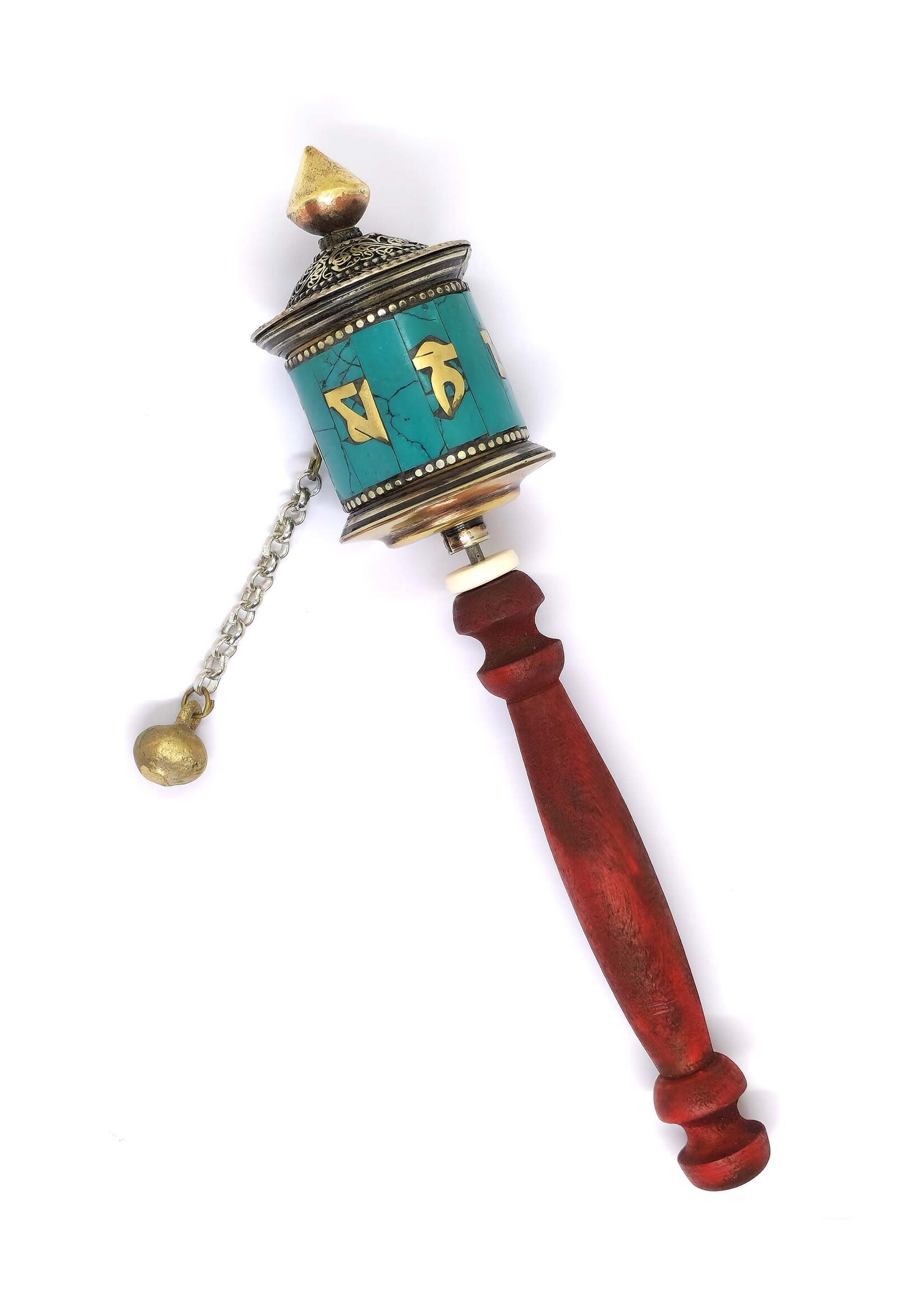 Tibetan Hand Prayer Wheel With Turquoise Chips Inlay