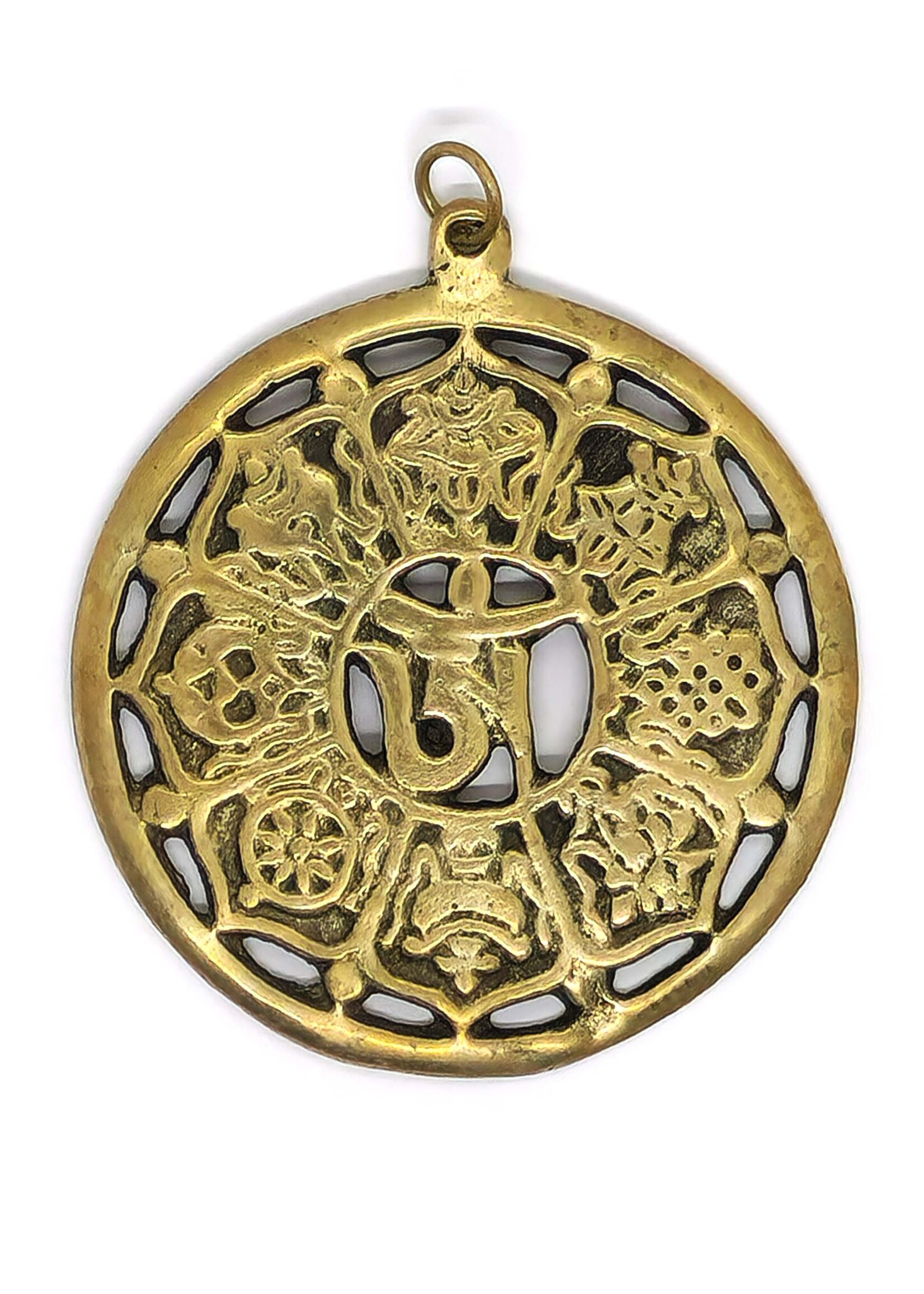 Ciondolo tibetano in ottone con 8 simboli di buon auspicio
