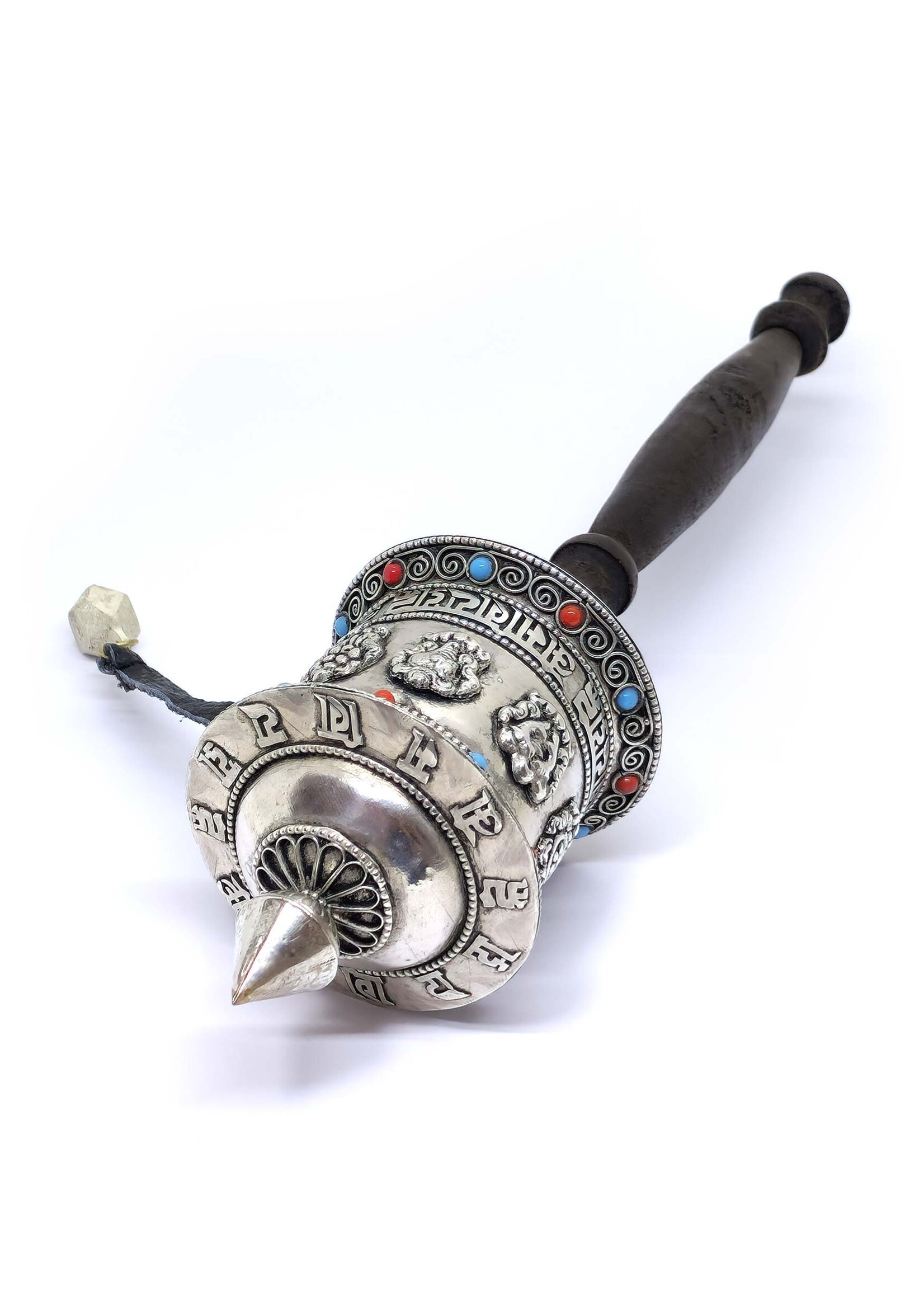 Tibetan handheld prayer wheel with mantra and 8 auspicious signs, 29.5cm