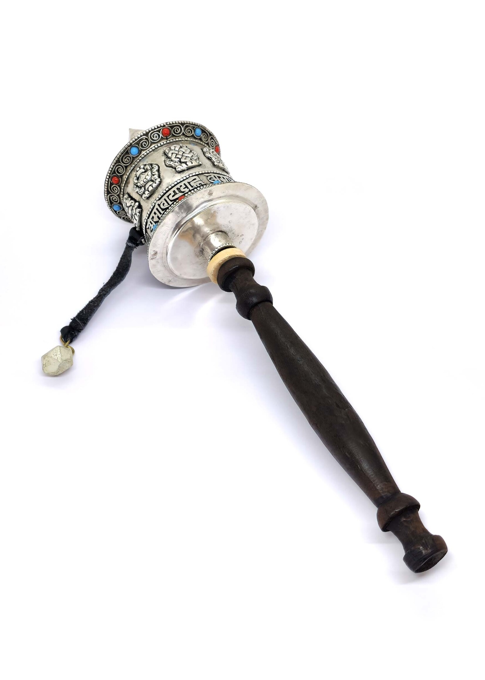 Tibetan handheld prayer wheel with mantra and 8 auspicious signs, 29.5cm