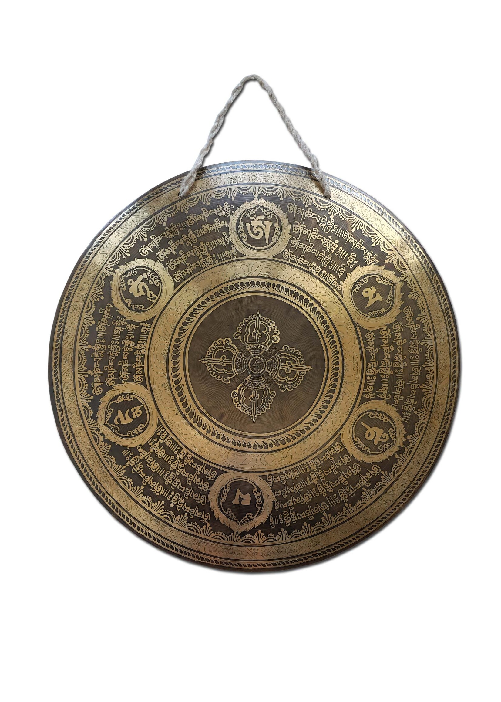 Gong tibétain gravé de mantras et d'un double Dorje