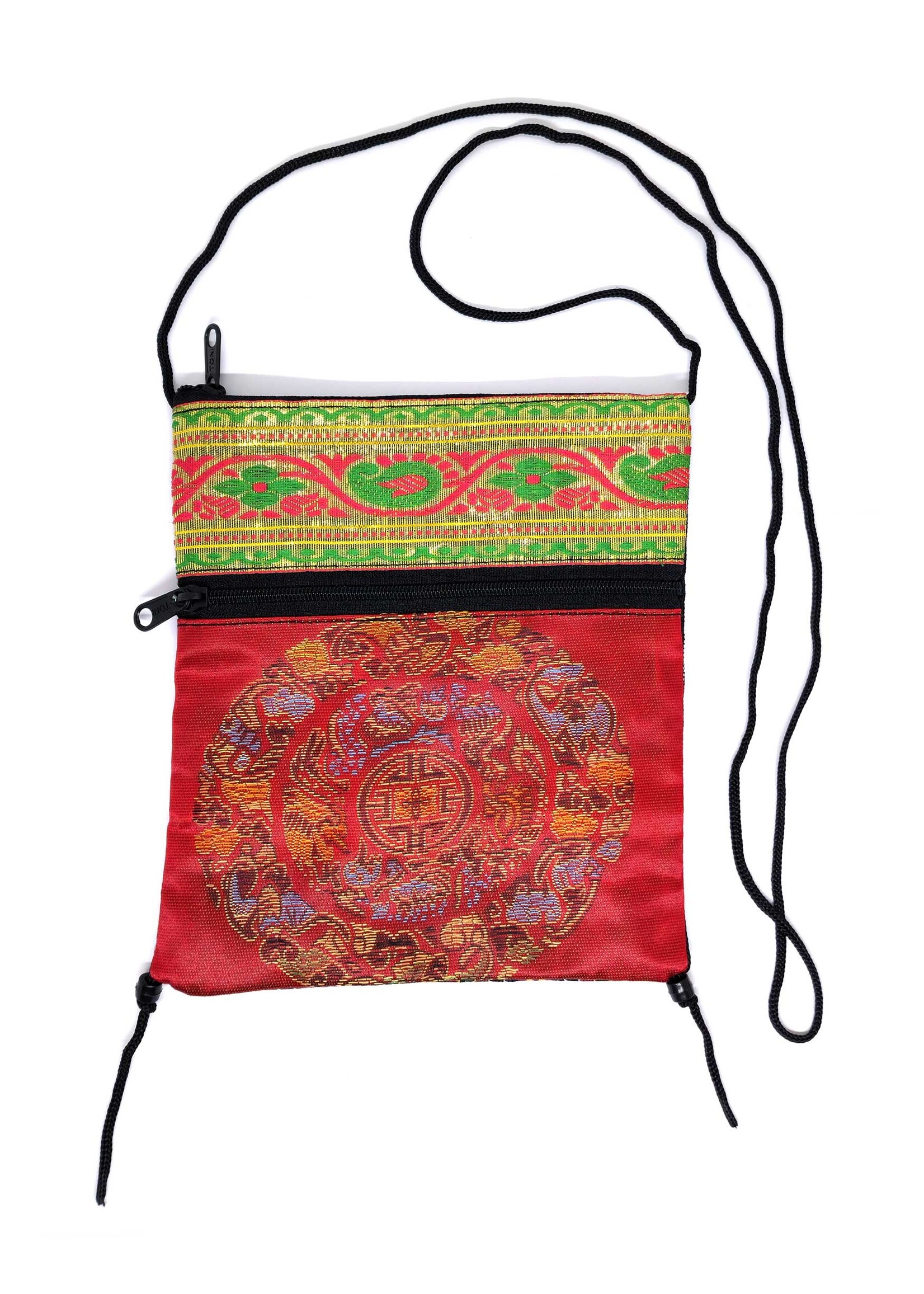 Petit sac à bandoulière tibétain en brocart de soie avec mandala, rouge