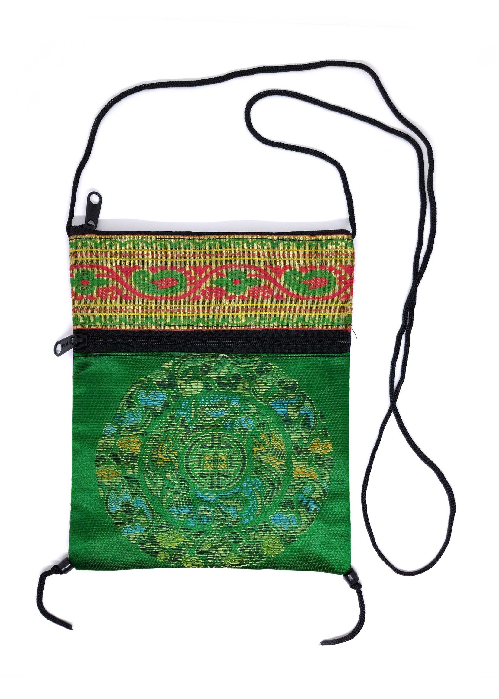Kleine tibetische Umhängetasche aus Seidenbrokat mit Mandala, grün