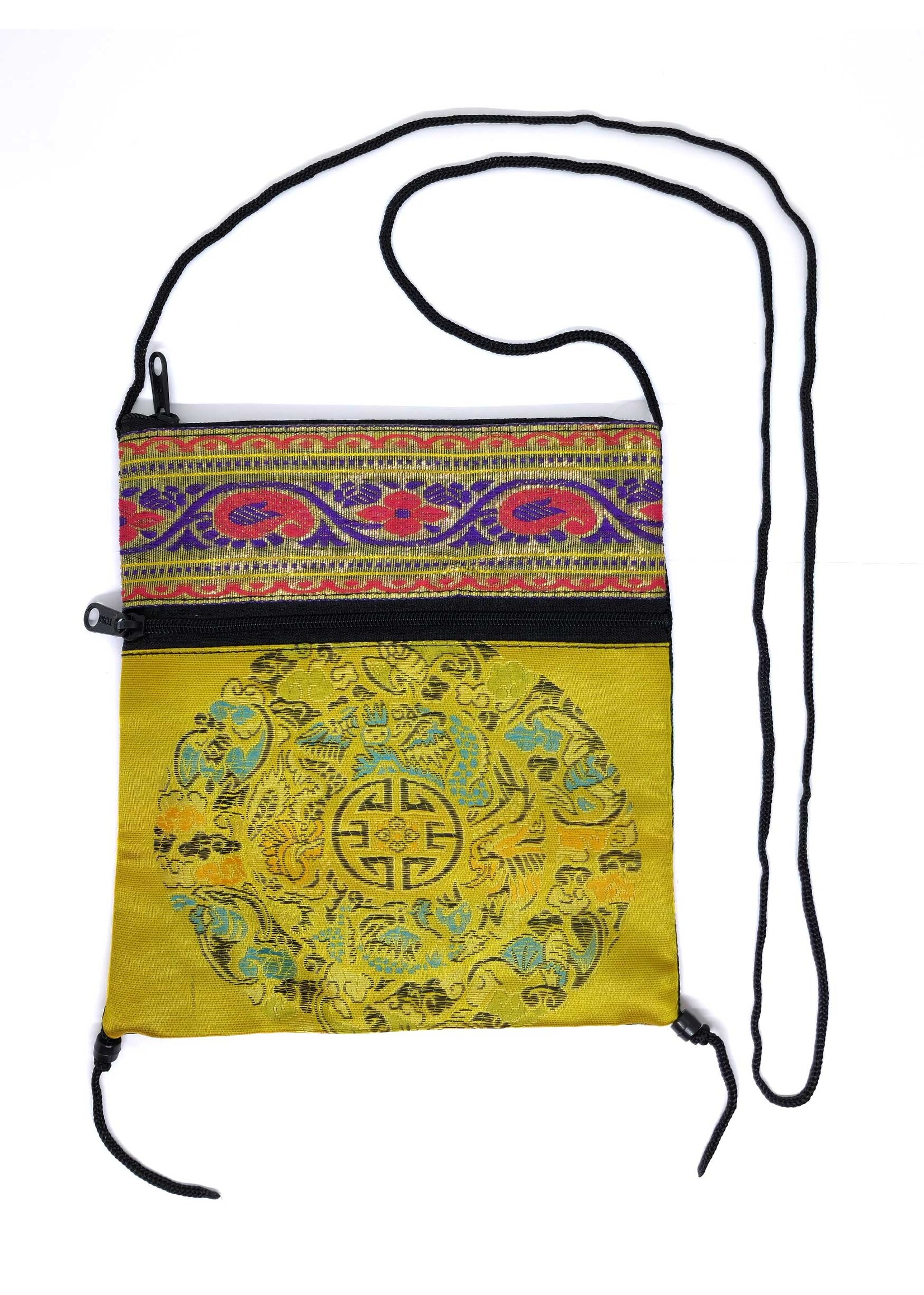 Petit sac à bandoulière tibétain en brocart de soie avec mandala, jaune