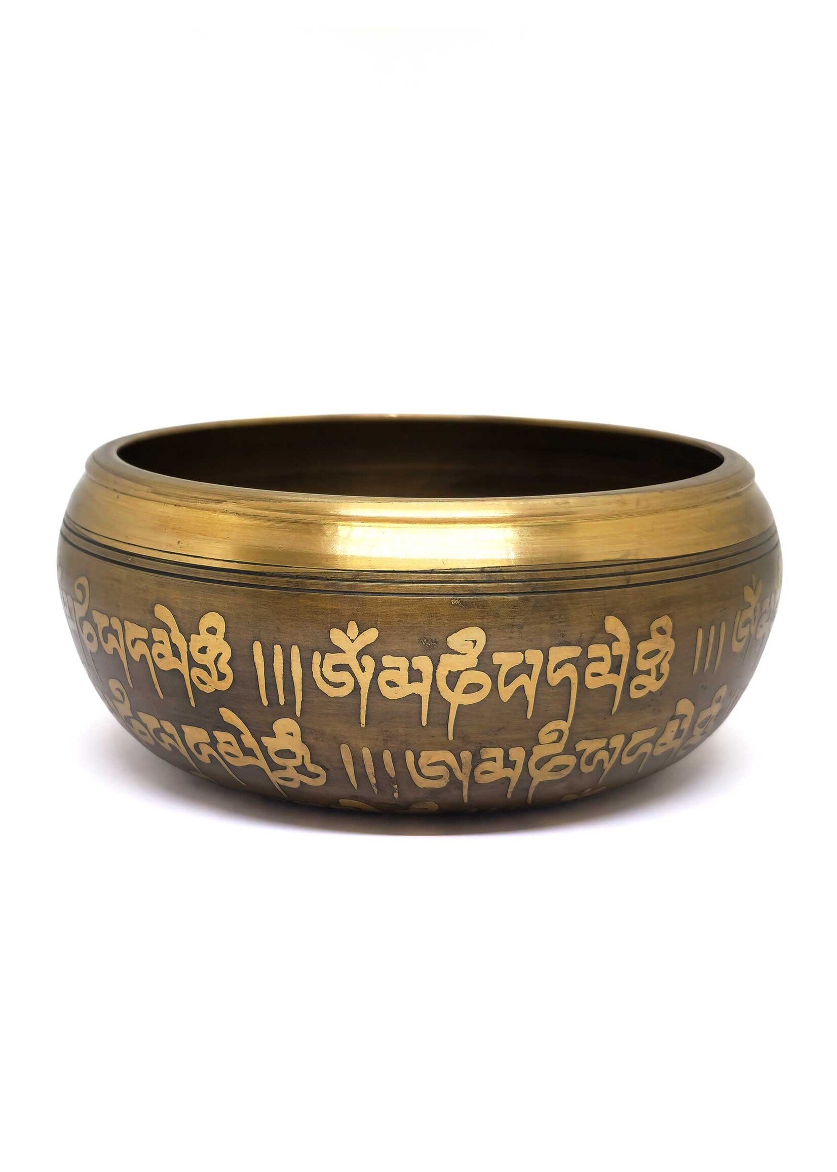 Tibetan Brass Singing Bowl "Om Mani Padme Hum" with Double Dorje, 2-Piece-Set, Ø 12cm, 450g