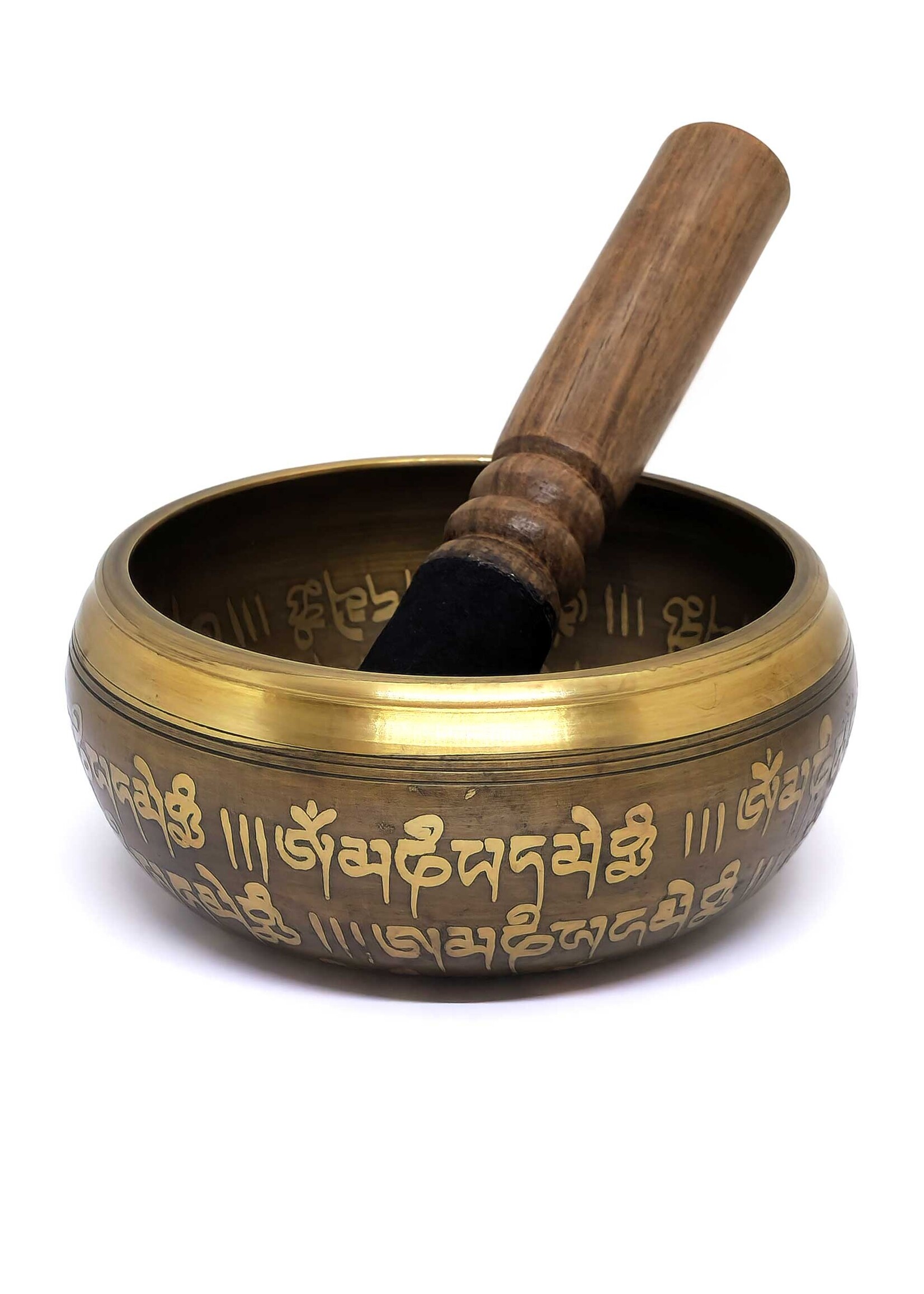 Tibetische Messing-Klangschale "Om Mani Padme Hum" mit Doppeldorje, 2-teiliges Set, Ø 12cm, 490g
